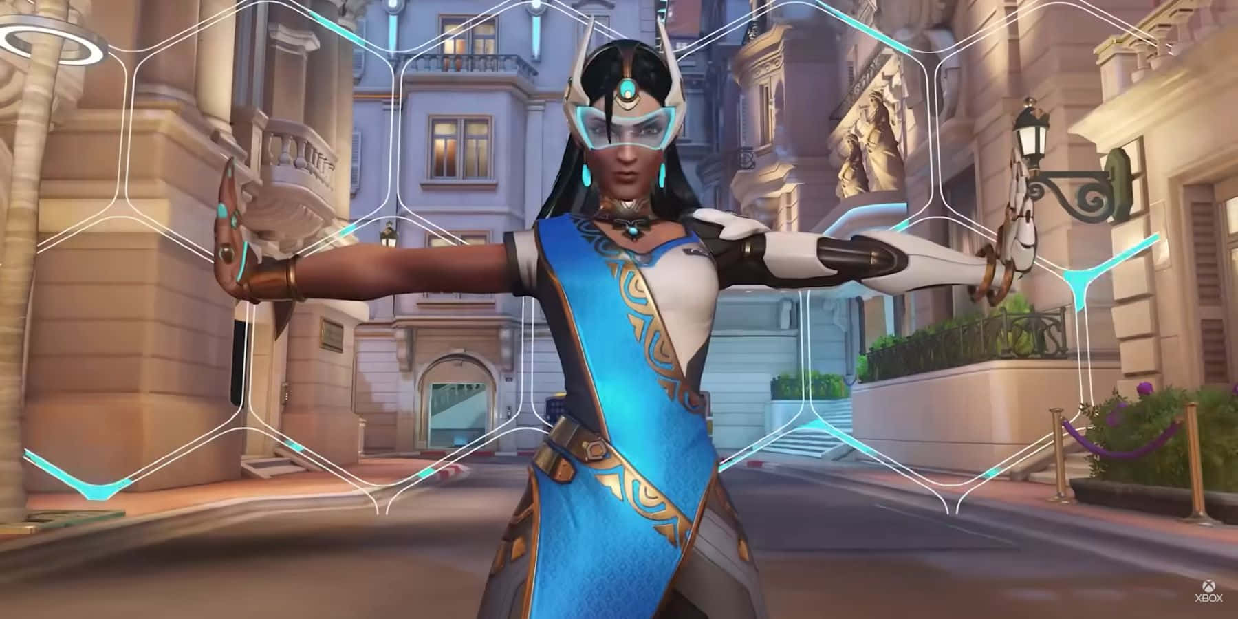 Overwatch Symmetra, blue and white armor, glowing hexagonal energy fields, HD Desktop Wallpaper