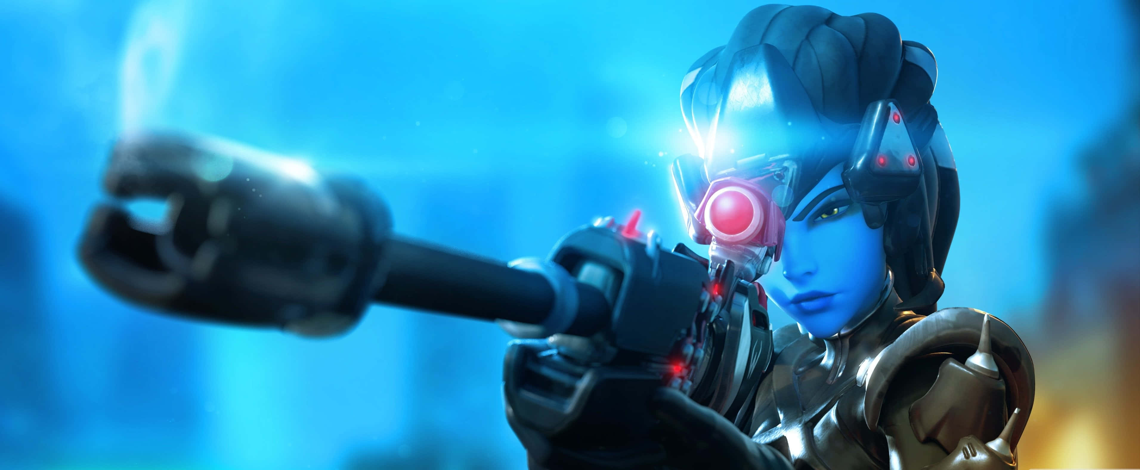 Overwatch, blue-skinned female warrior, futuristic armor, 2K Desktop Wallpaper
