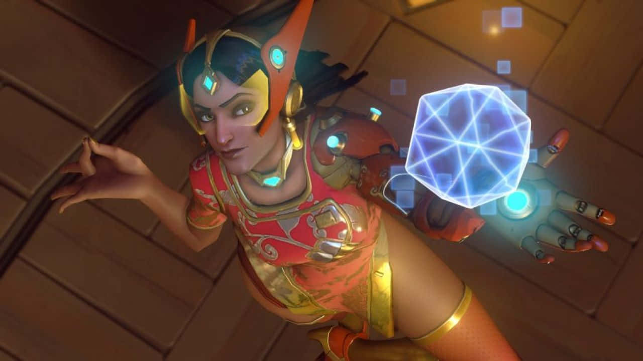 Overwatch Symmetra, red and gold armor, glowing blue geometric orb, HD Desktop Wallpaper