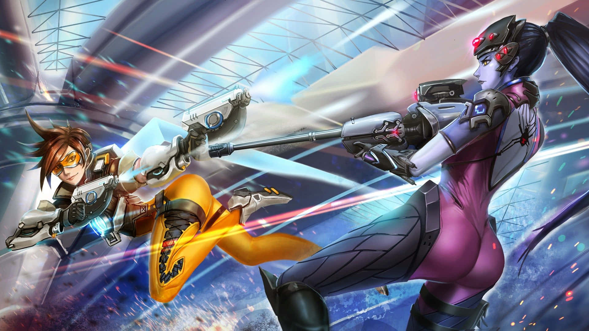 Overwatch Widowmaker, anime-style, futuristic arena, Full HD Desktop Wallpaper