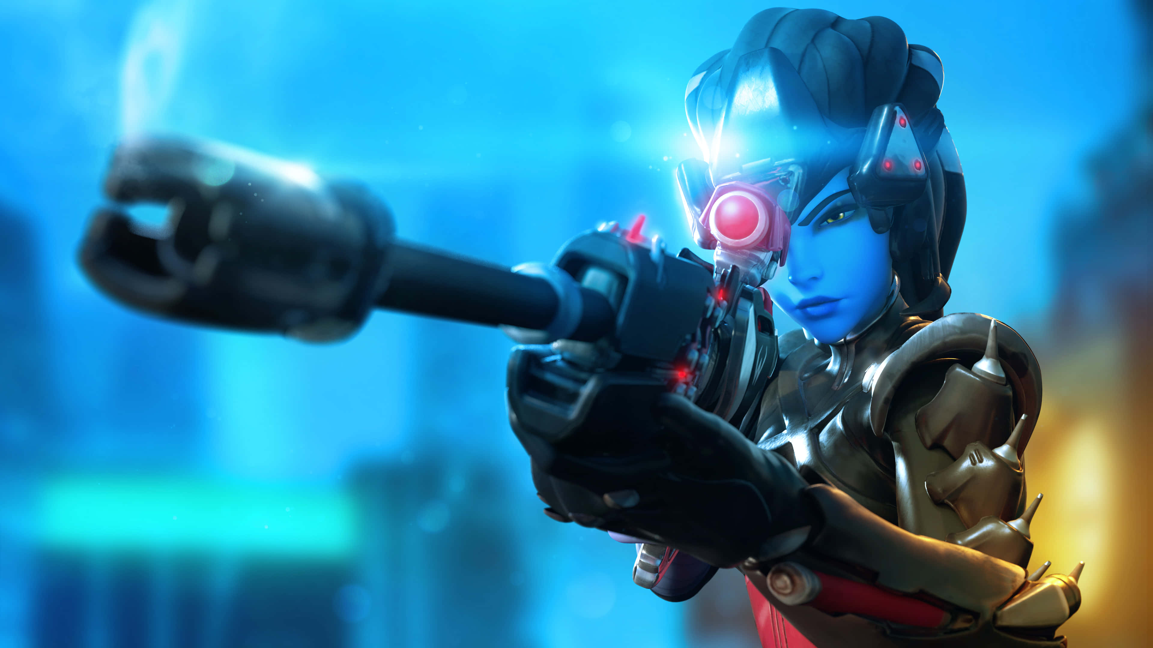 Overwatch Widowmaker, gold armor, glowing weapon, 4K Desktop Wallpaper