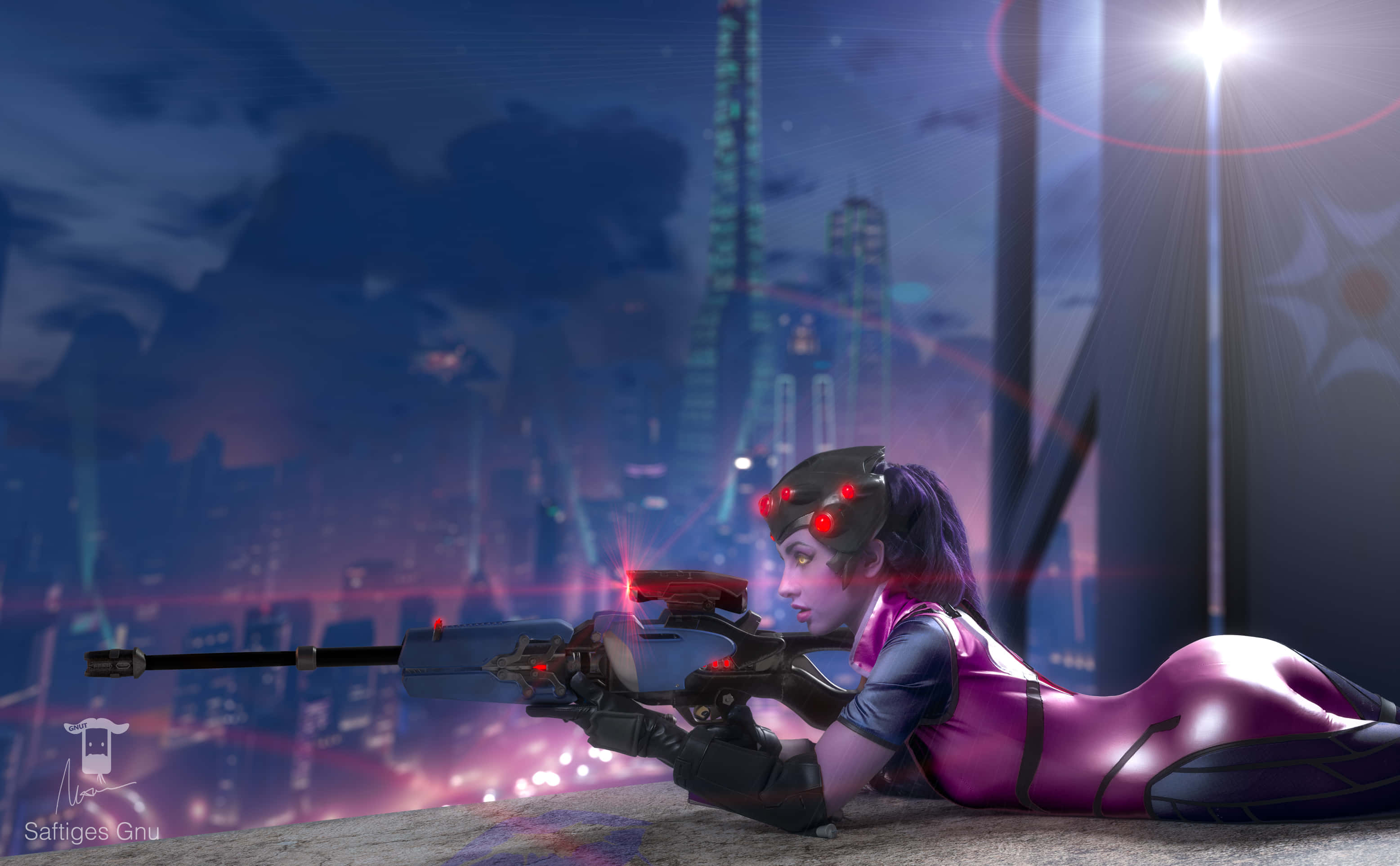Overwatch Widowmaker, purple suit, glowing rifle, 2K Desktop Wallpaper