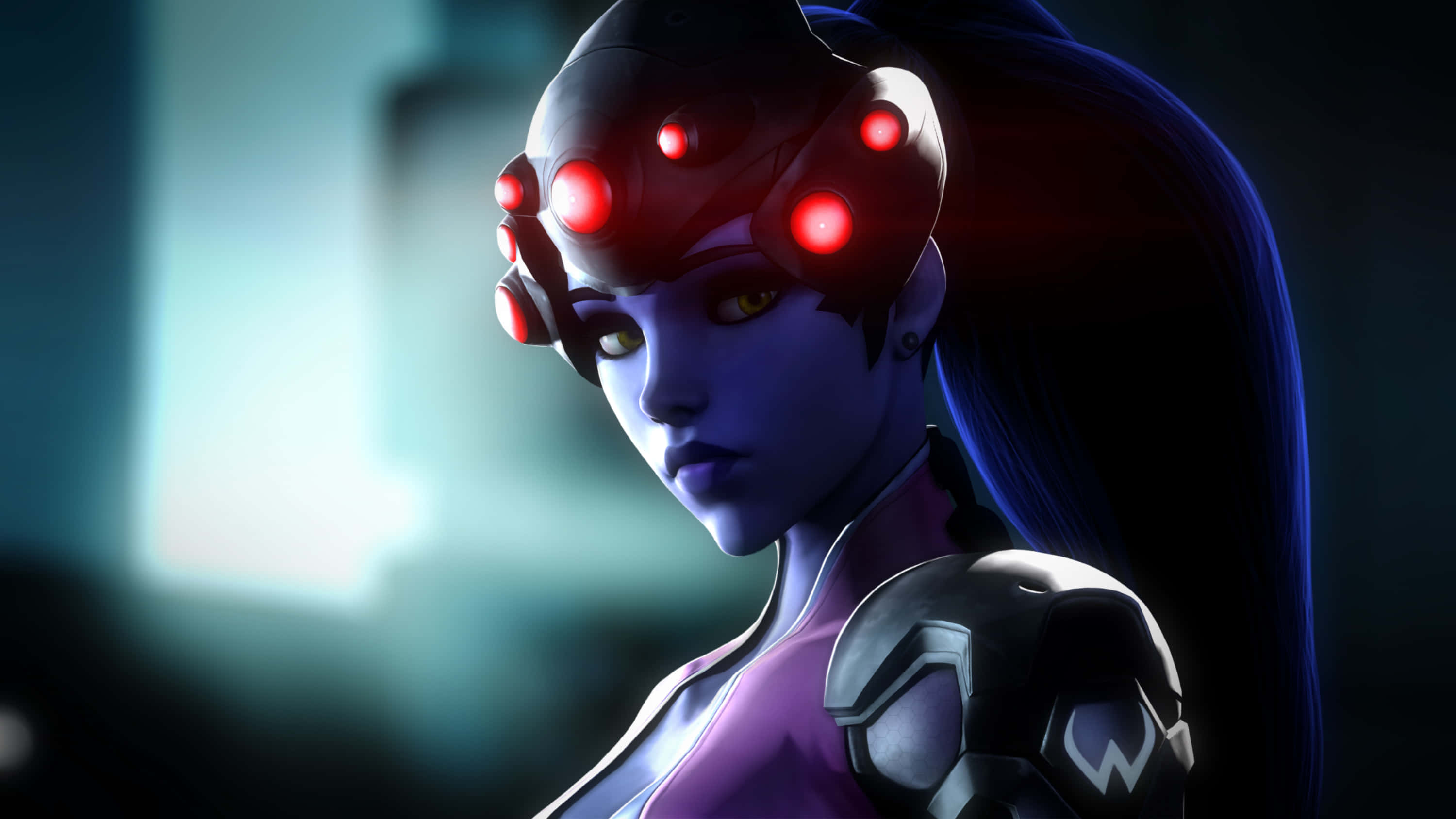 Overwatch Widowmaker, cyberpunk, glowing red headgear, 2K Desktop Wallpaper