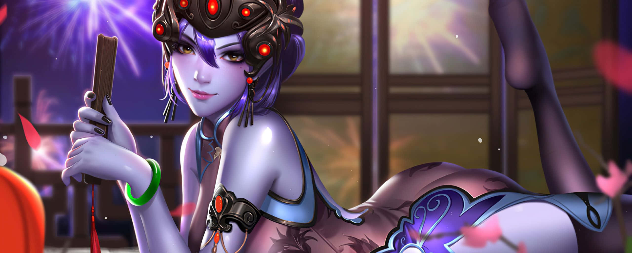 Overwatch Widowmaker, cyberpunk anime woman, glowing red eyes, 2K Desktop Wallpaper