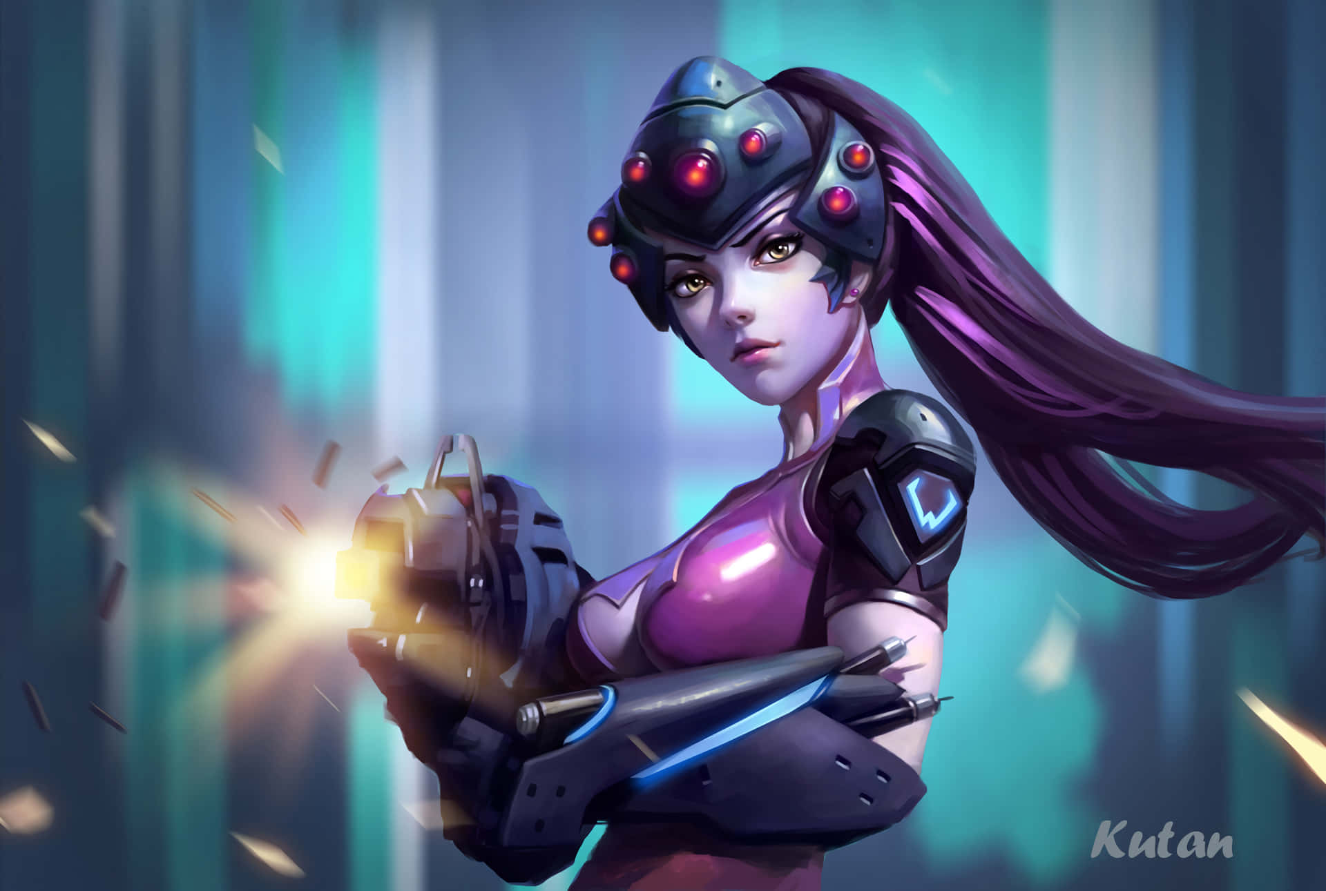 Overwatch Widowmaker, glowing red eyes, purple hair, Full HD Desktop Wallpaper
