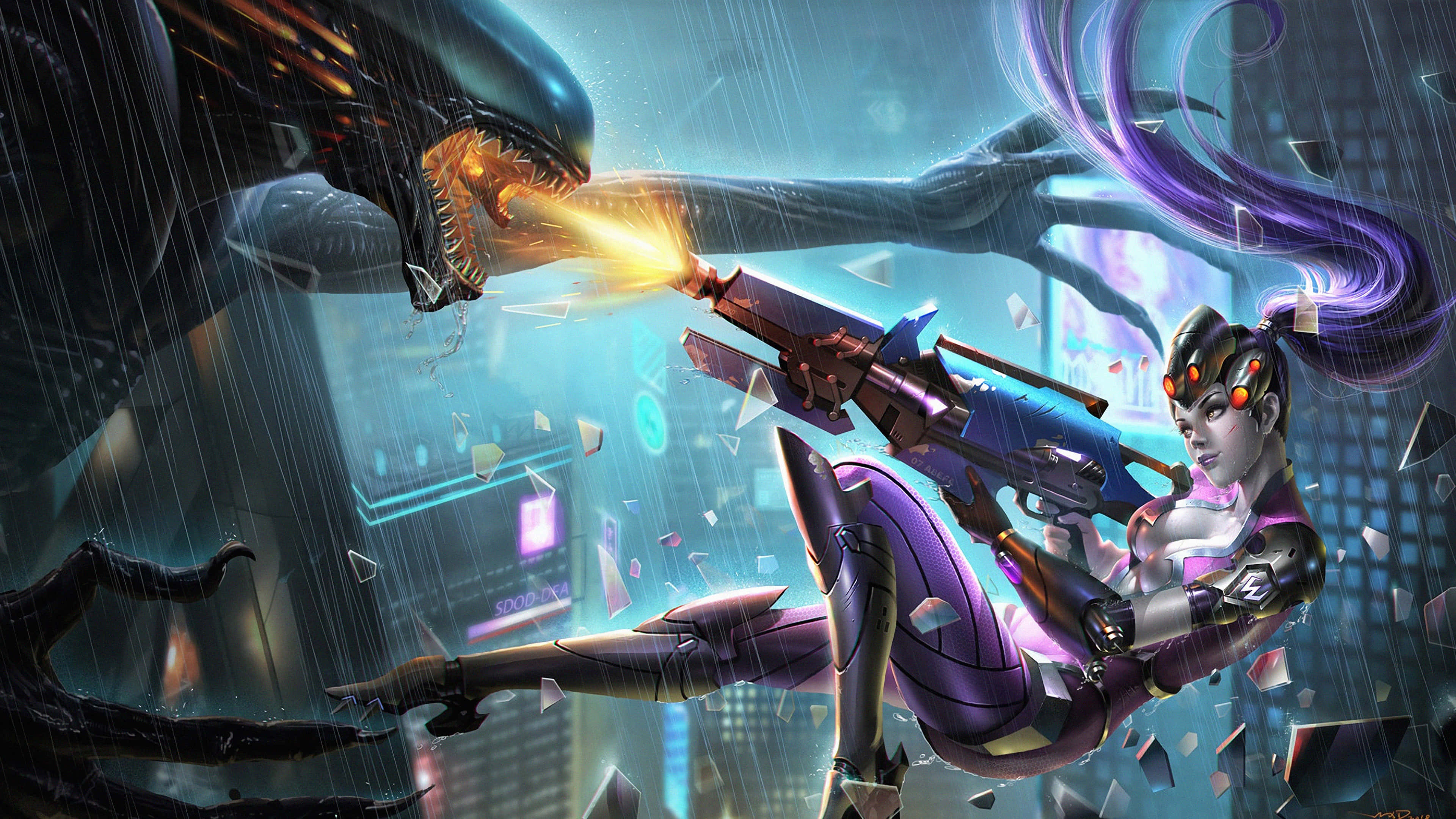 Overwatch Widowmaker, purple hair, roaring alien, 4K Desktop Wallpaper