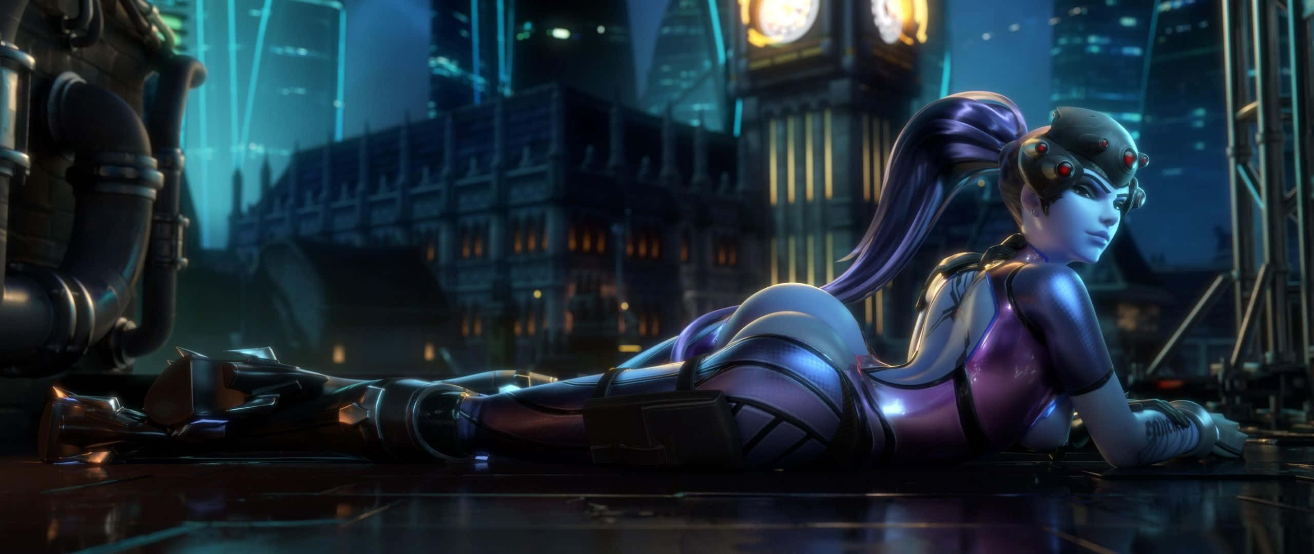 Widowmaker, Overwatch, neon-lit cyberpunk cityscape, 2K Desktop Wallpaper
