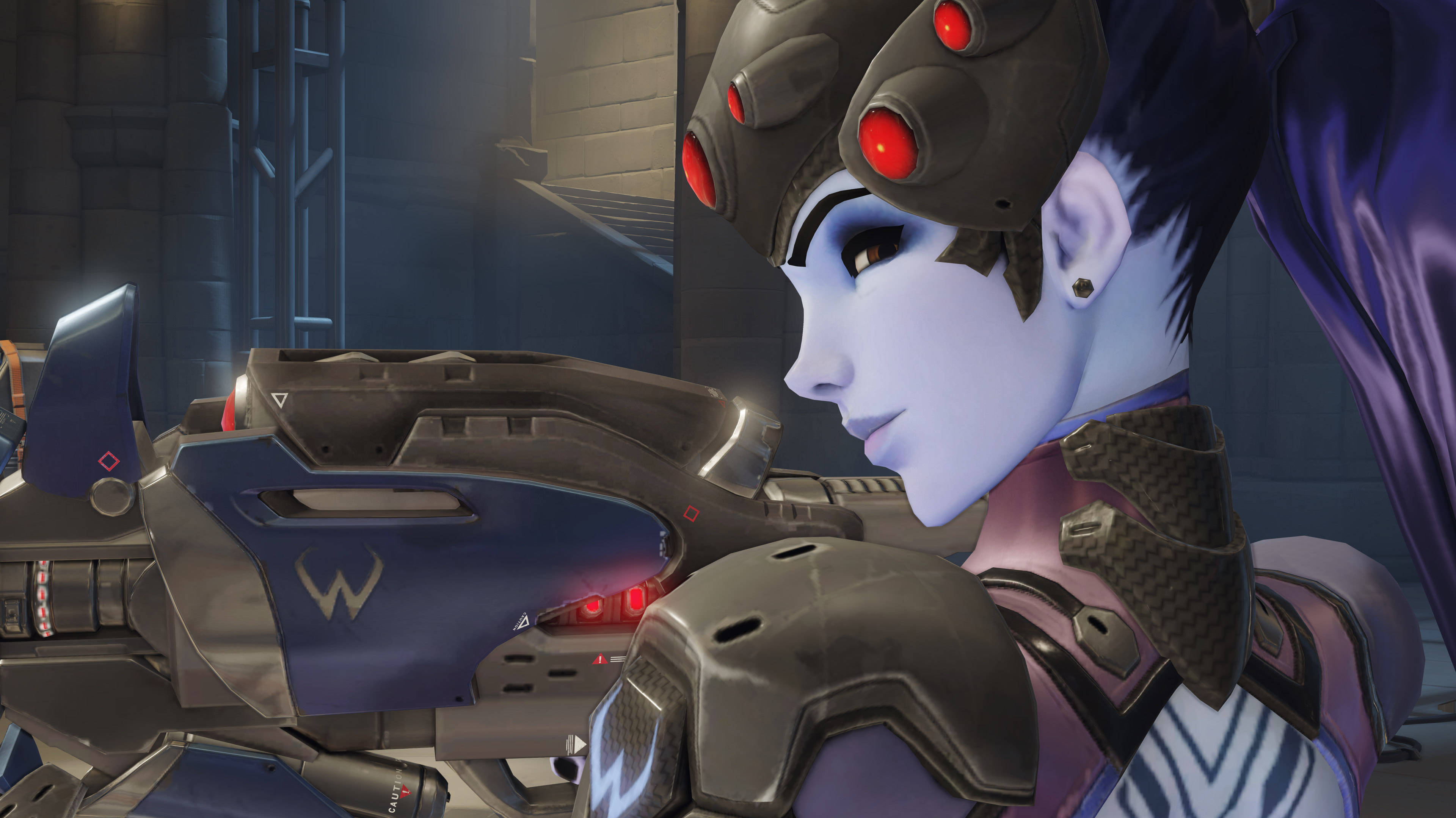 Overwatch Widowmaker, cyberpunk anime character, glowing red eyes, 4K Desktop Wallpaper