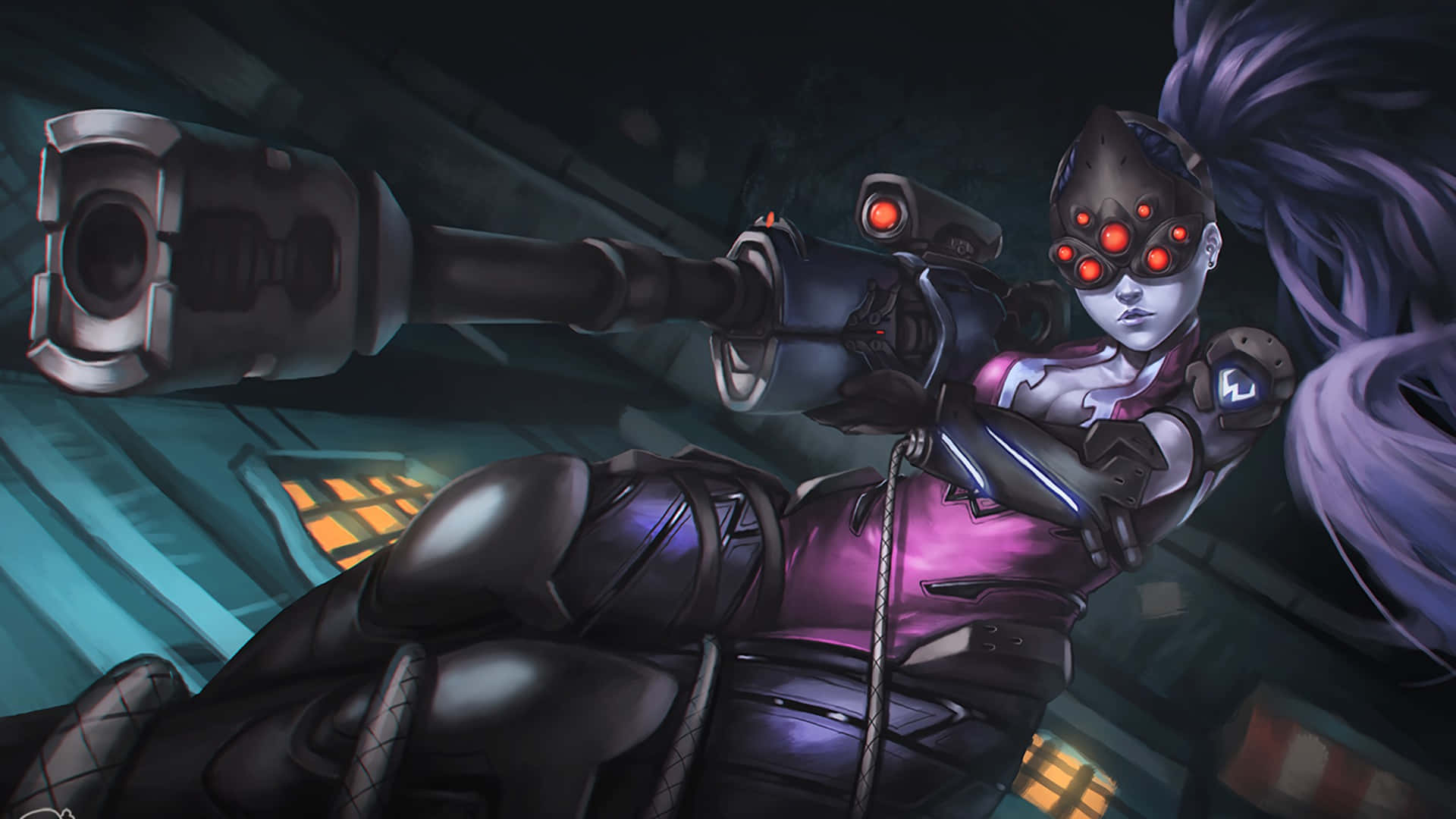 Overwatch Widowmaker, cyberpunk anime girl, glowing red eyes, Full HD Desktop Wallpaper