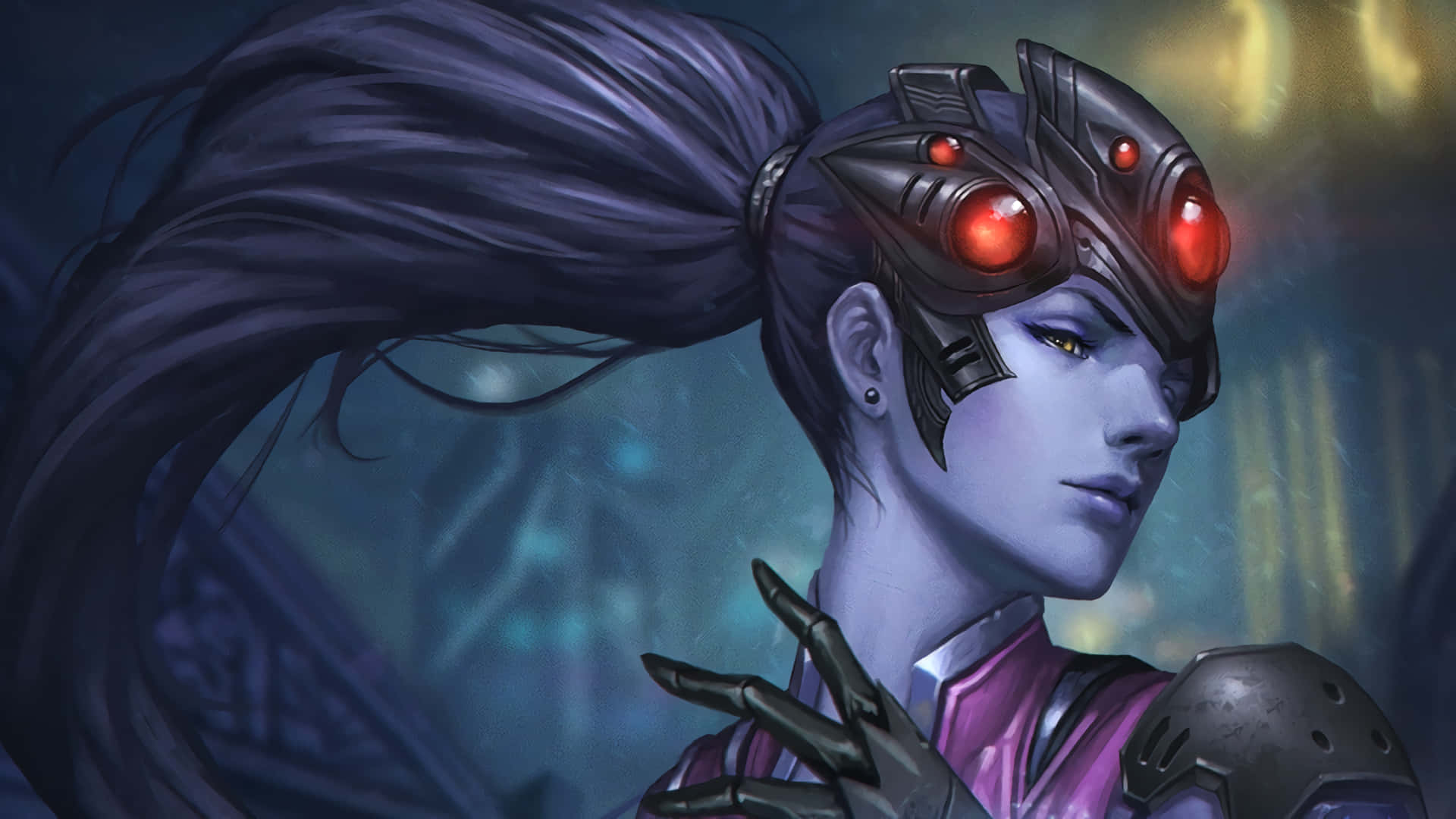 Overwatch Widowmaker, cyberpunk woman, glowing red eyes, Full HD Desktop Wallpaper