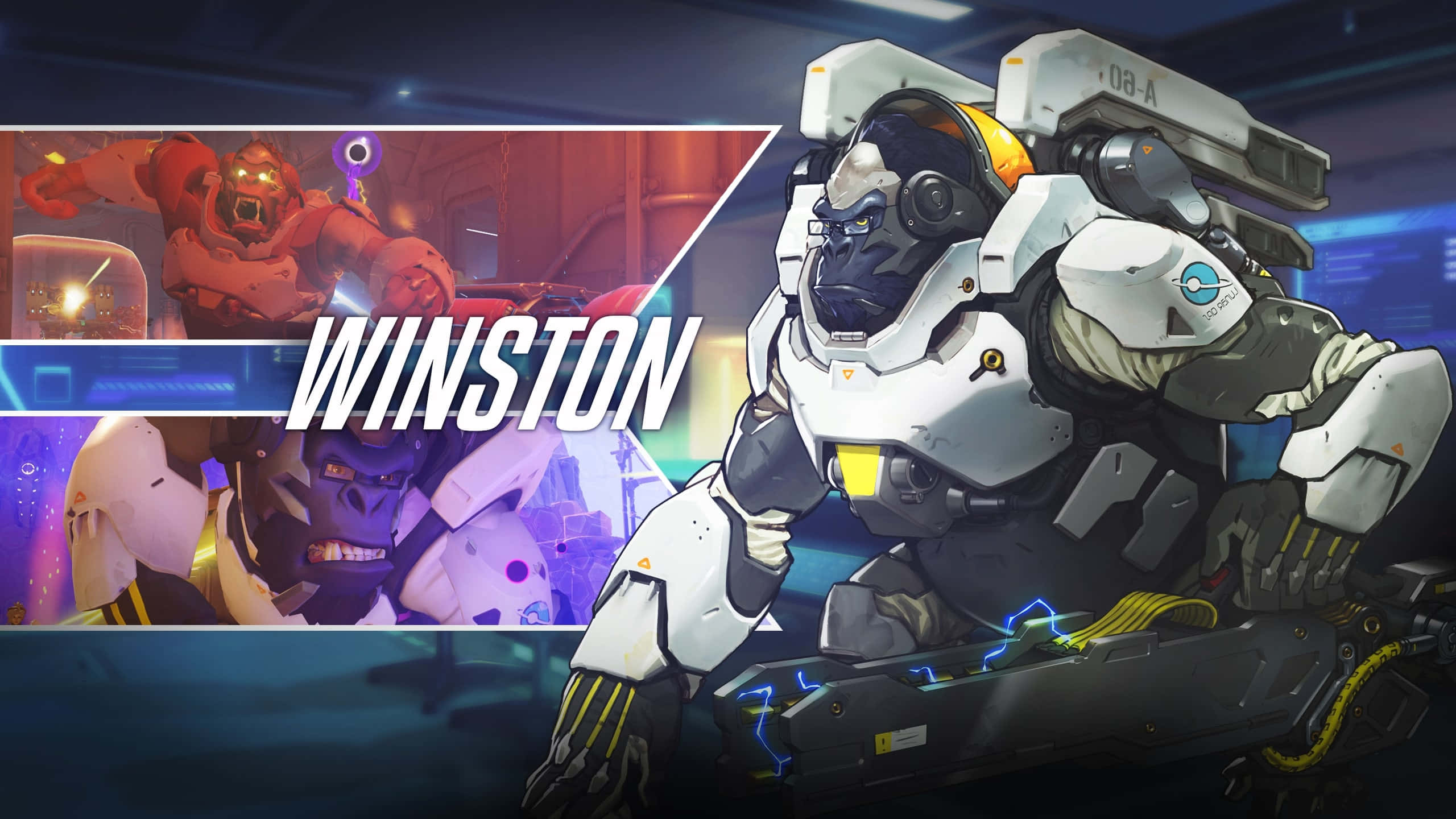 Overwatch Winston, white armor, glowing blue accents, 2K Desktop Wallpaper