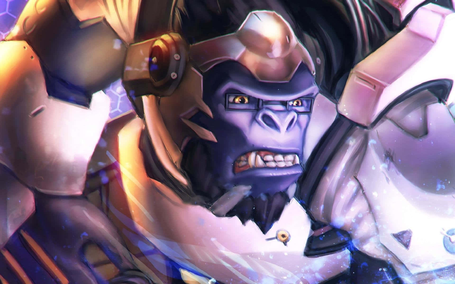 Overwatch Winston, futuristic armor, purple gorilla, Full HD Desktop Wallpaper