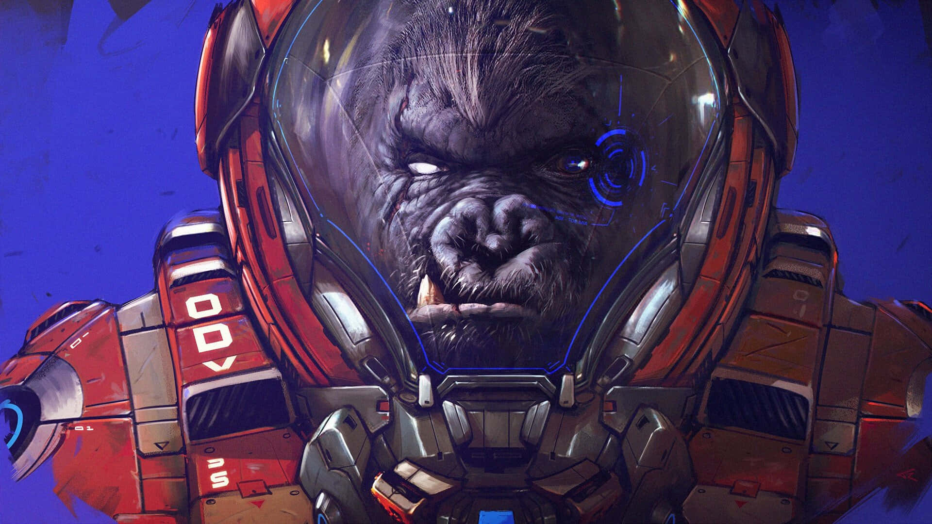 Overwatch Winston, red and silver futuristic armor, glowing blue HUD elements, Full HD Desktop Wallpaper