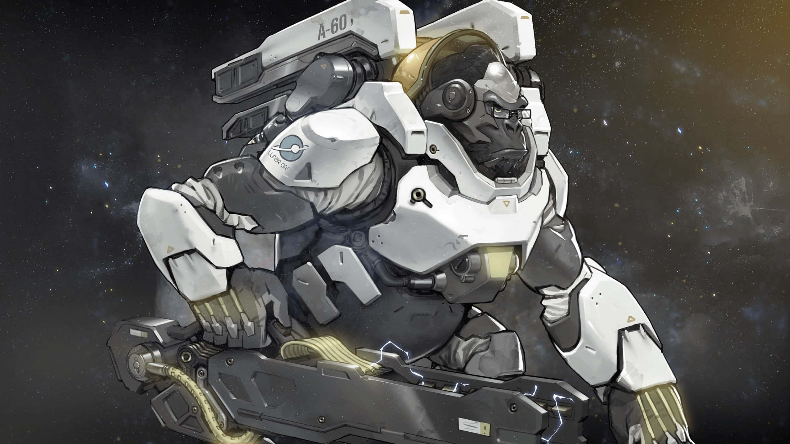 Overwatch Winston, white and gray futuristic armor, starry cosmic backdrop, 2K Desktop Wallpaper
