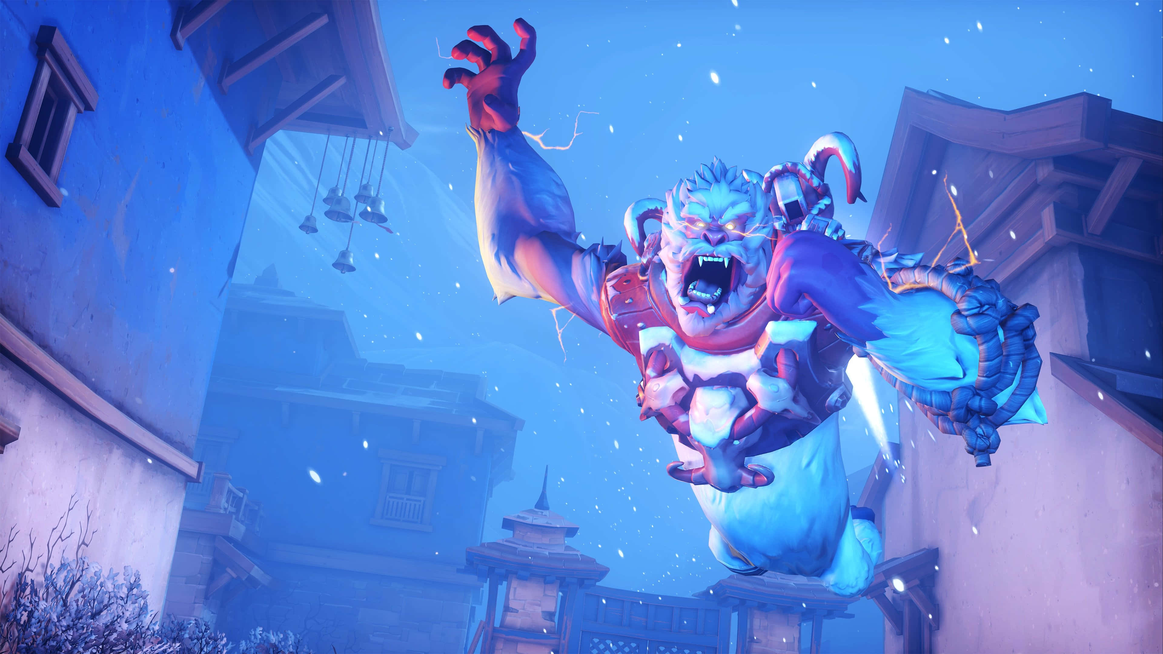 Overwatch Winston, blue-skinned monstrous figure, glowing eyes, 4K Desktop Wallpaper