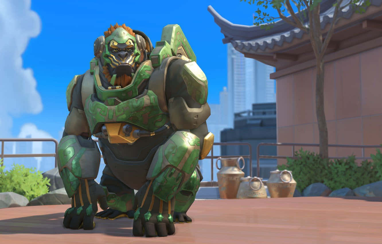 Overwatch Winston, green armored gorilla, rooftop, HD Desktop Wallpaper