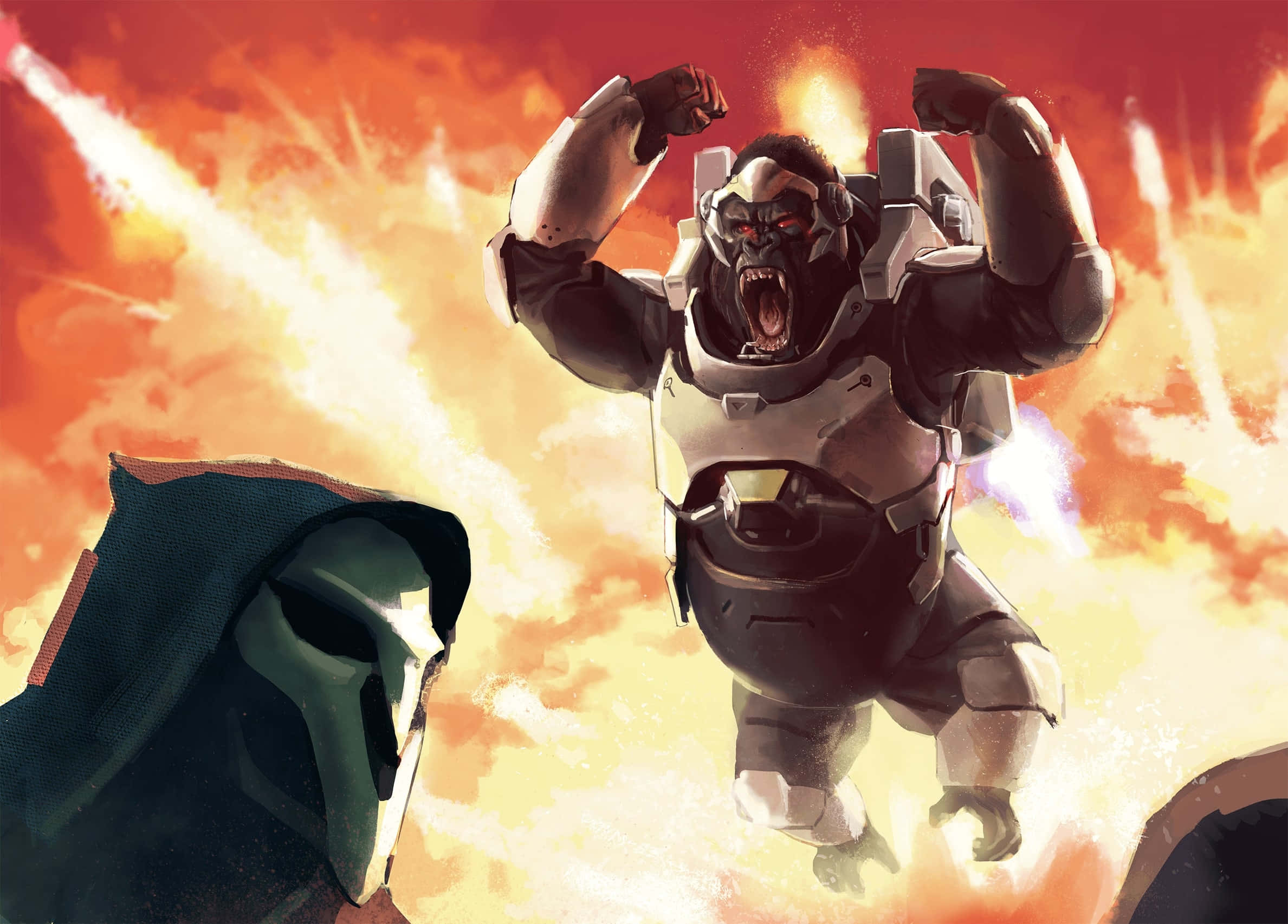 Overwatch Winston, armored gorilla, fiery orange sky, Full HD Desktop Wallpaper