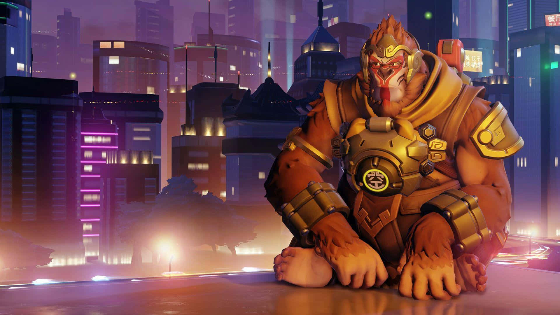 Overwatch Winston, golden armor, glowing city rooftop, Full HD Desktop Wallpaper