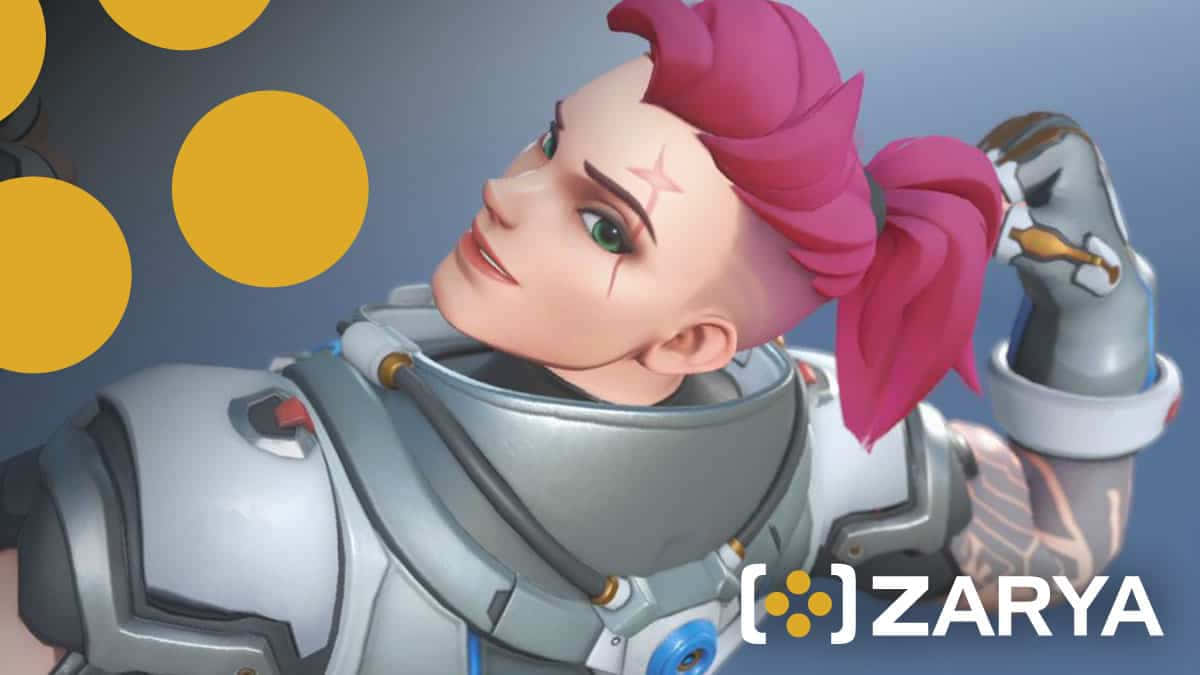 Overwatch Zarya, pink hair, mechanical arm, SD Desktop Wallpaper