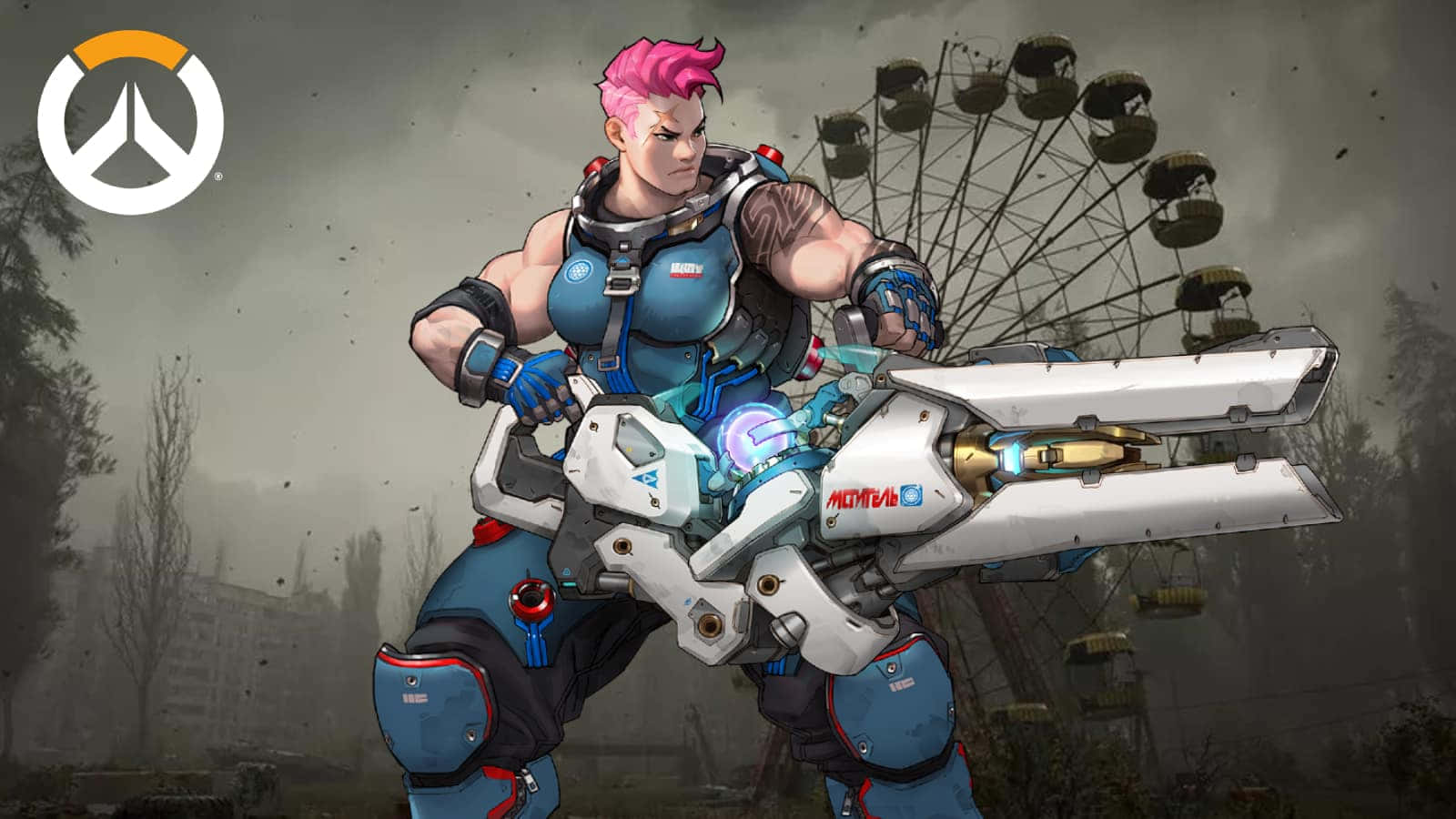 Overwatch Zarya, pink-haired warrior, blue armor, HD Desktop Wallpaper