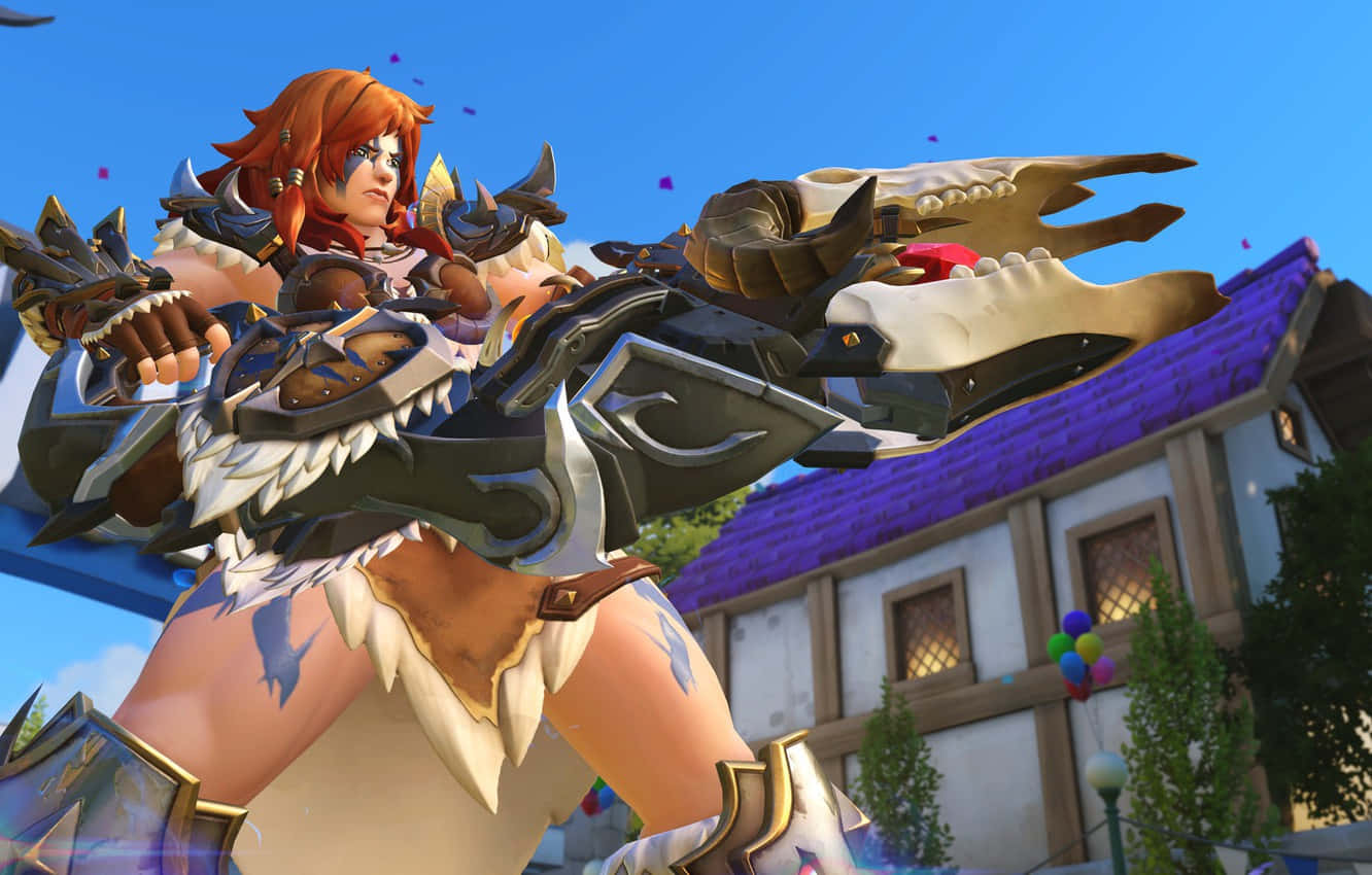 Overwatch Zarya, red-haired warrior, ornate armor, HD Desktop Wallpaper