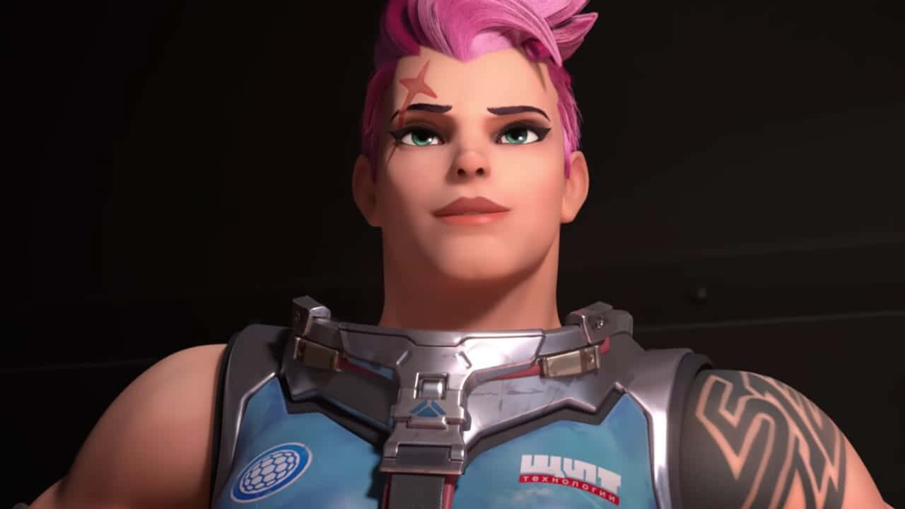 Overwatch Zarya, pink spiky hair, green eyes, HD Desktop Wallpaper
