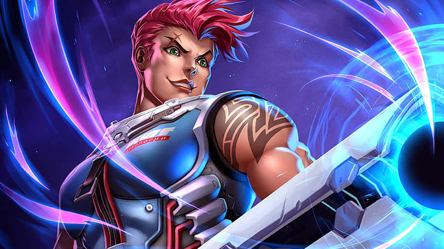 Overwatch Zarya, pink hair, glowing energy blades, SD Desktop Wallpaper