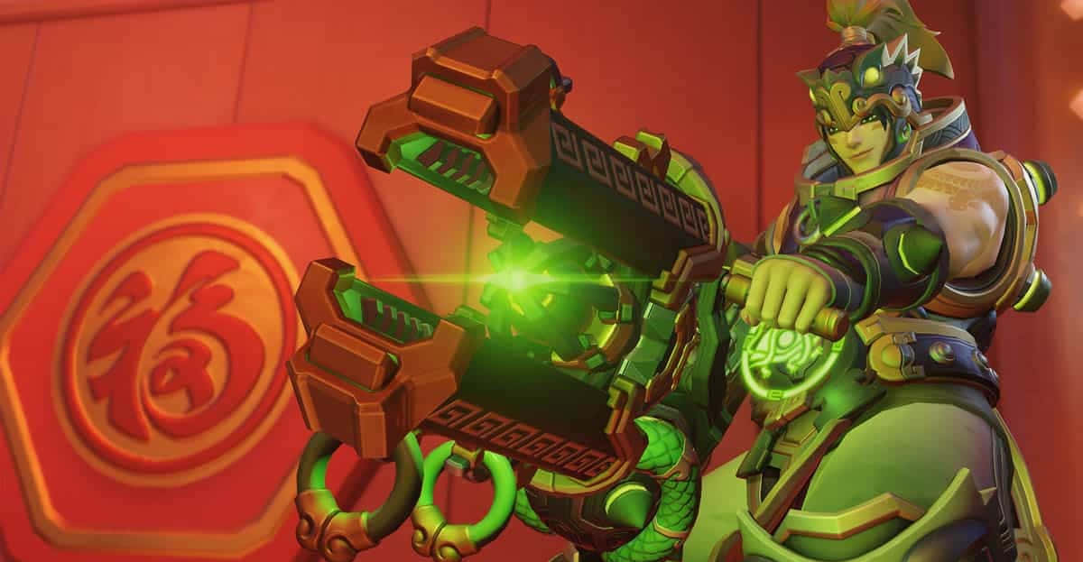 Overwatch Zarya, green and gold armor, glowing green weapon, SD Desktop Wallpaper