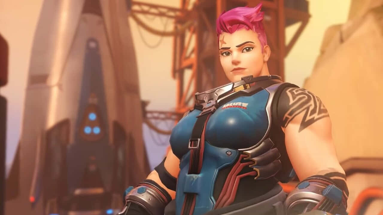 Overwatch Zarya, pink hair, blue armor, HD Desktop Wallpaper