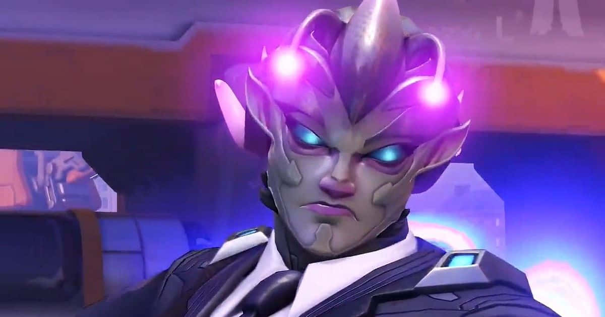 Overwatch Zarya, glowing purple headgear, blue eyes, SD Desktop Wallpaper