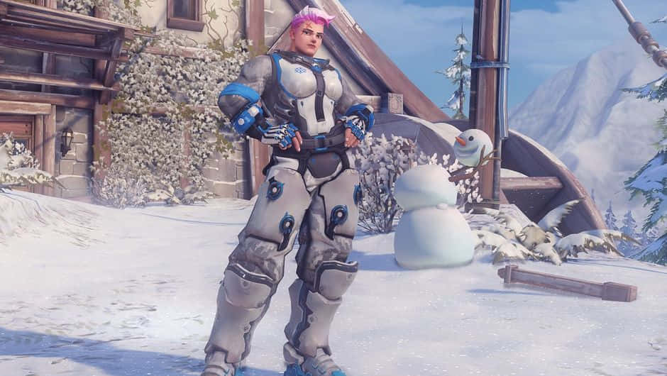 Overwatch Zarya, pink hair, snow-covered warrior, SD Desktop Wallpaper