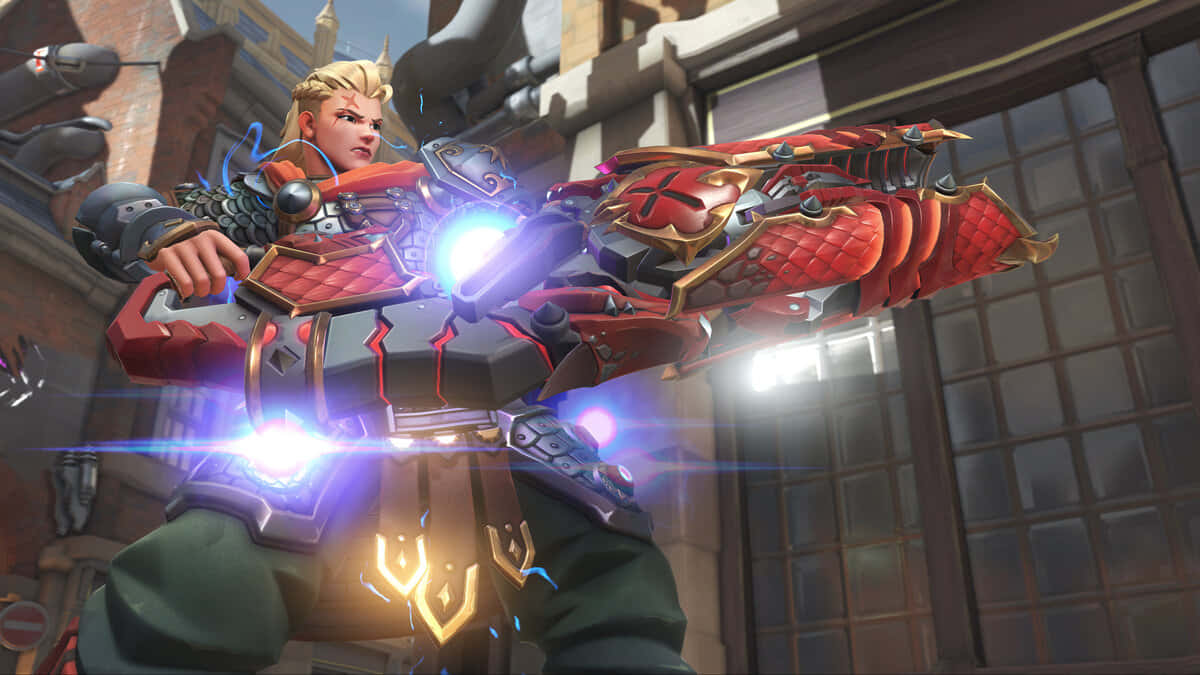 Overwatch, Zarya, glowing red and gold energy weapon, SD Desktop Wallpaper