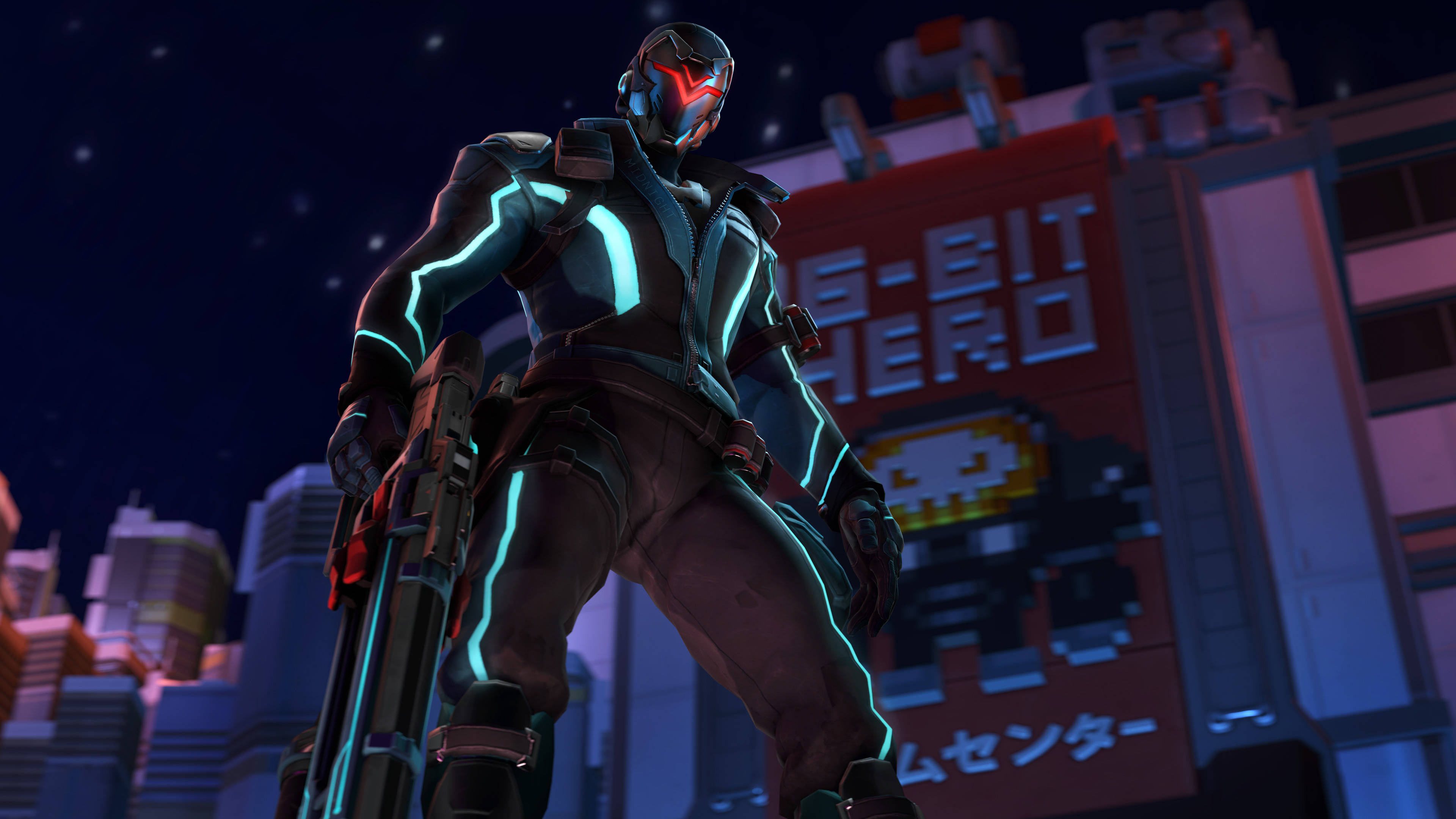 Overwatch, Soldier 76, neon-lit city skyline, 4K Desktop Wallpaper