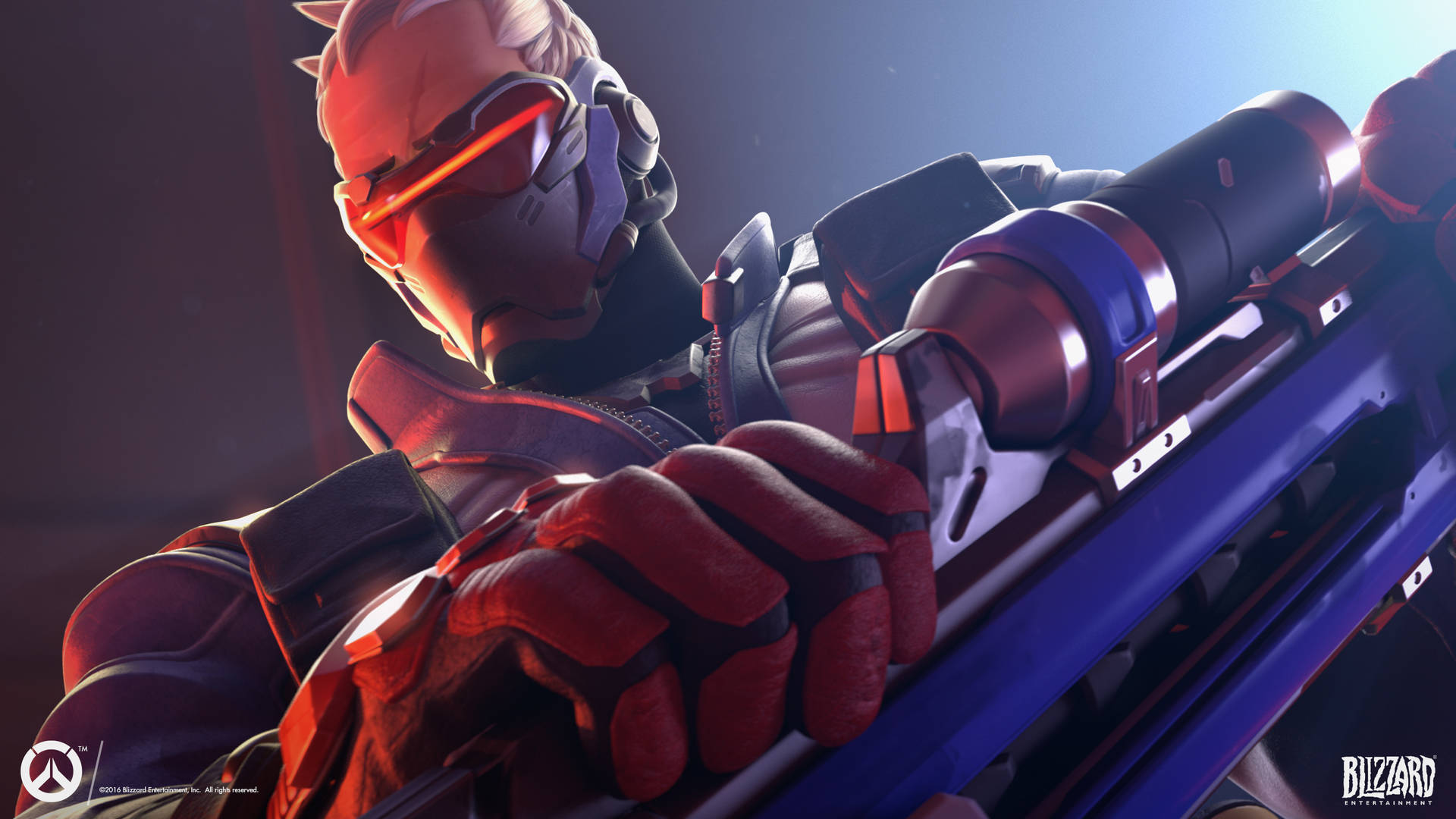 Soldier: 76, red and black armor, glowing blue weapon, Full HD Desktop Wallpaper
