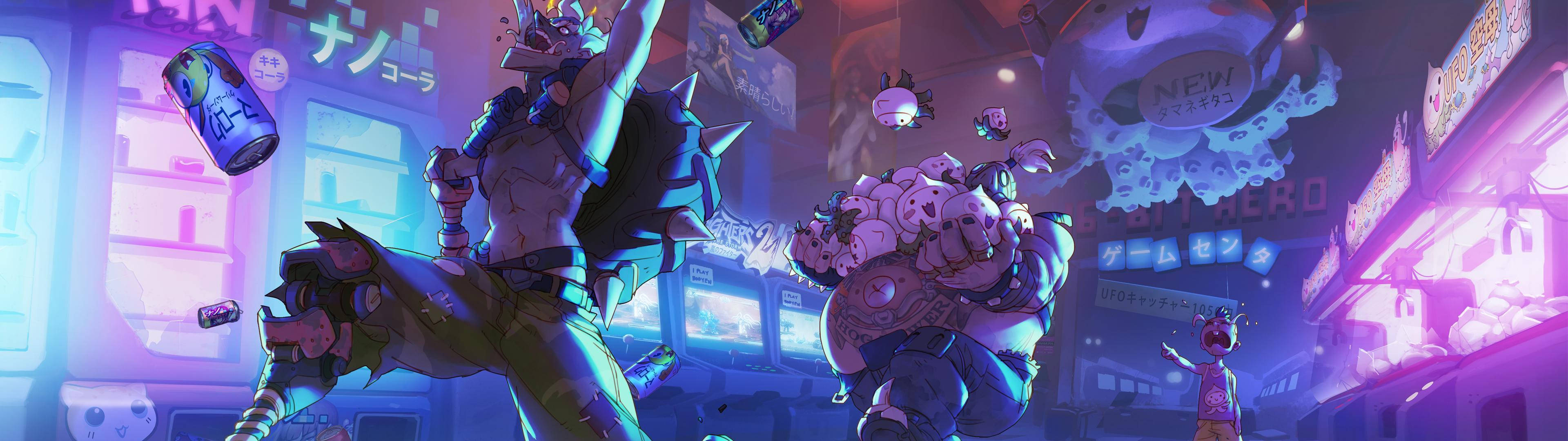 Overwatch 2, neon-drenched cyberpunk alley, floating cans, 4K Desktop Wallpaper