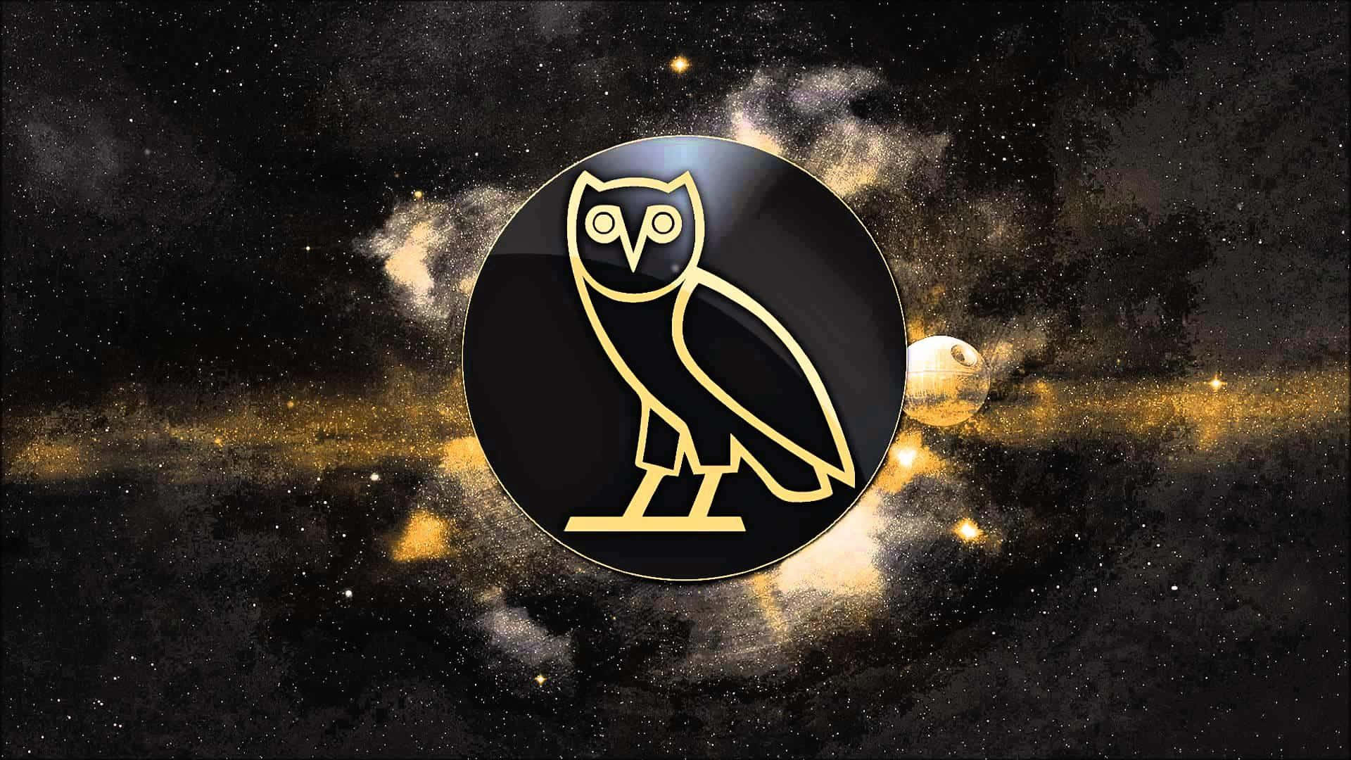 Ovoxo, golden owl logo, cosmic backdrop, Full HD Desktop Wallpaper