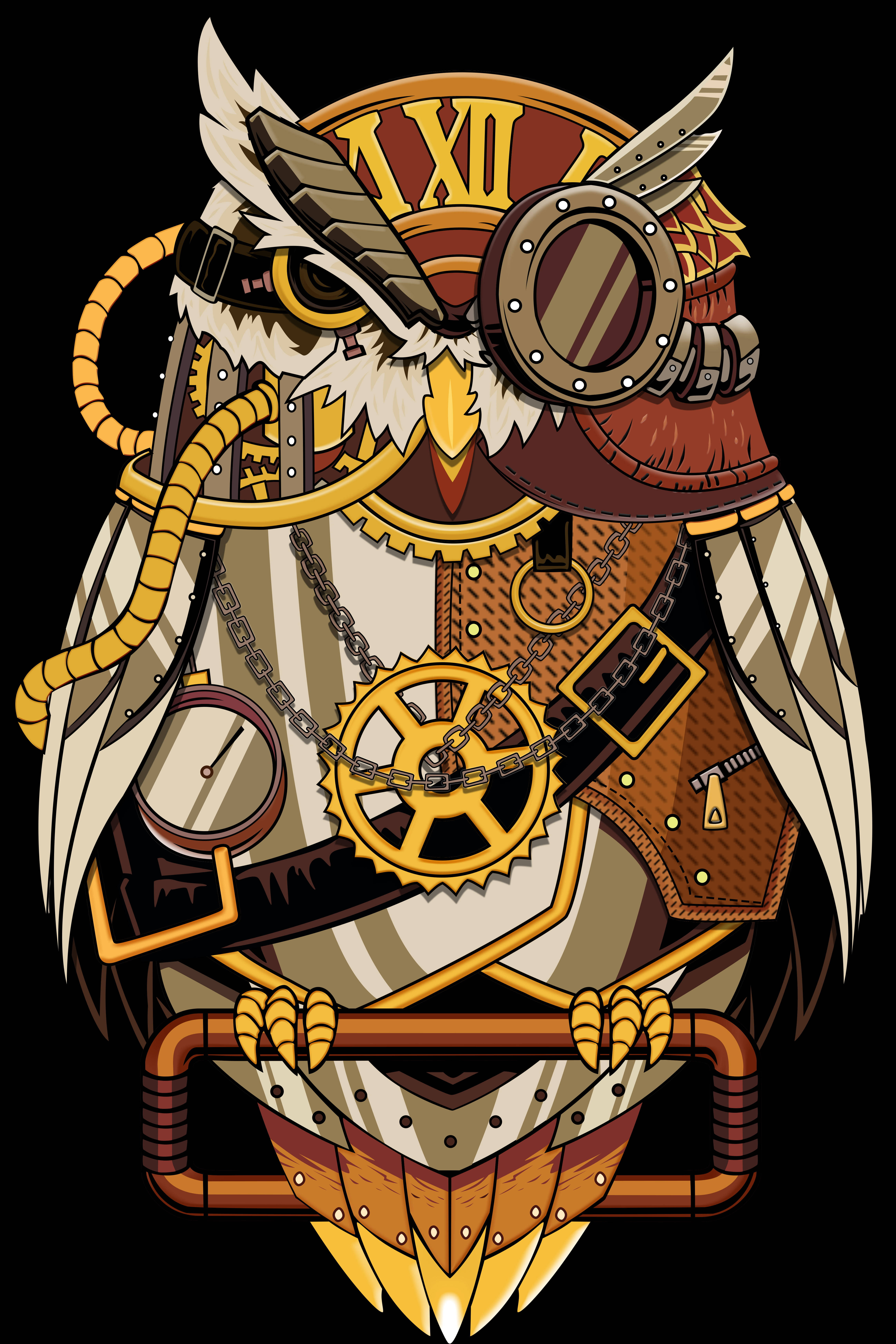 steampunk owl, brass gears, chains, 5K Phone Wallpaper