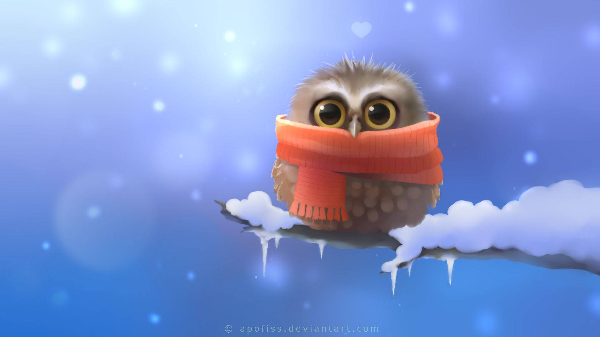 cute winter owl, bright orange scarf, snowy branch, Full HD Desktop Wallpaper