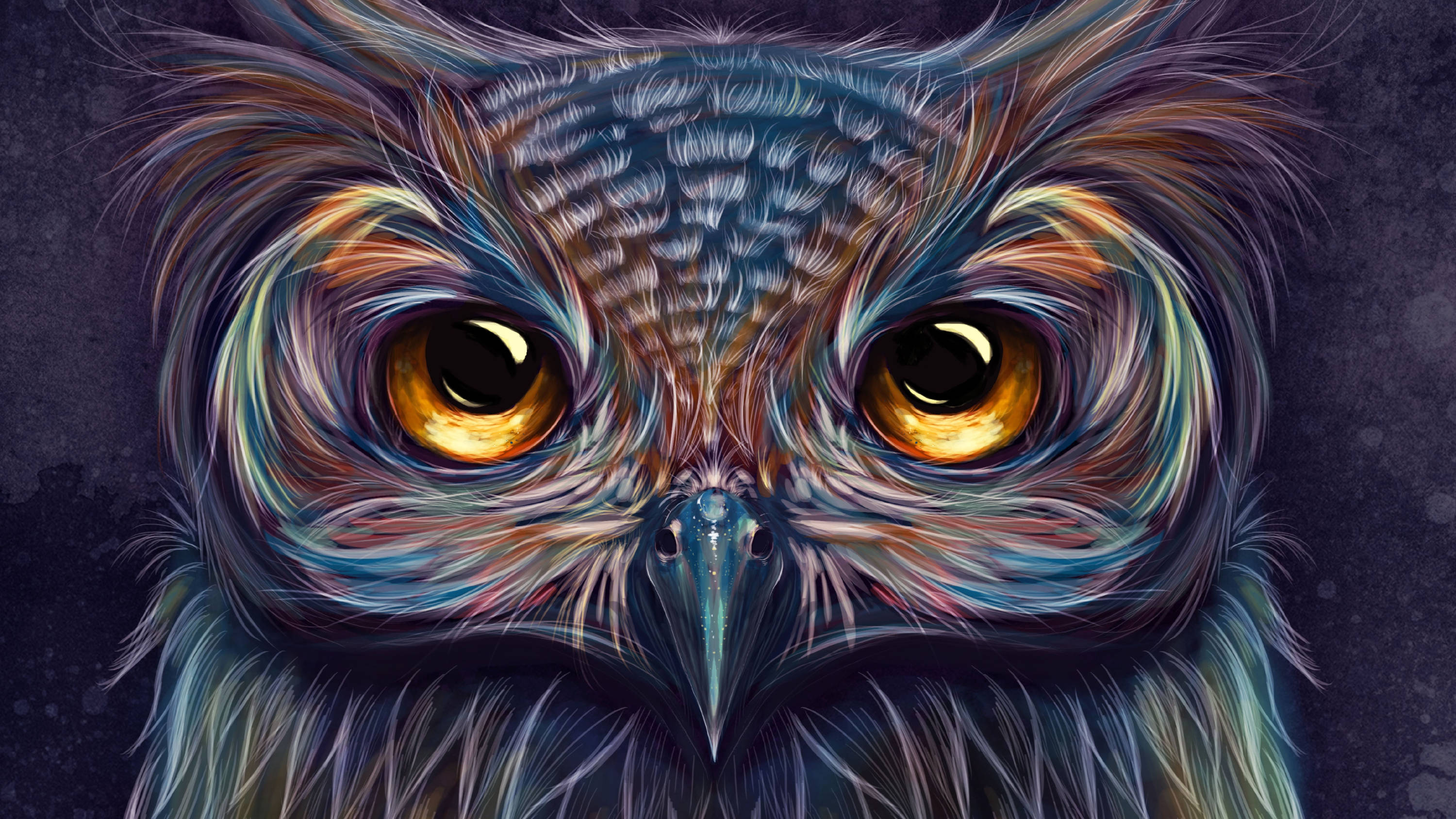 colorful owl art drawing, glowing amber eyes, iridescent blue brown feathers, 2K Desktop Wallpaper