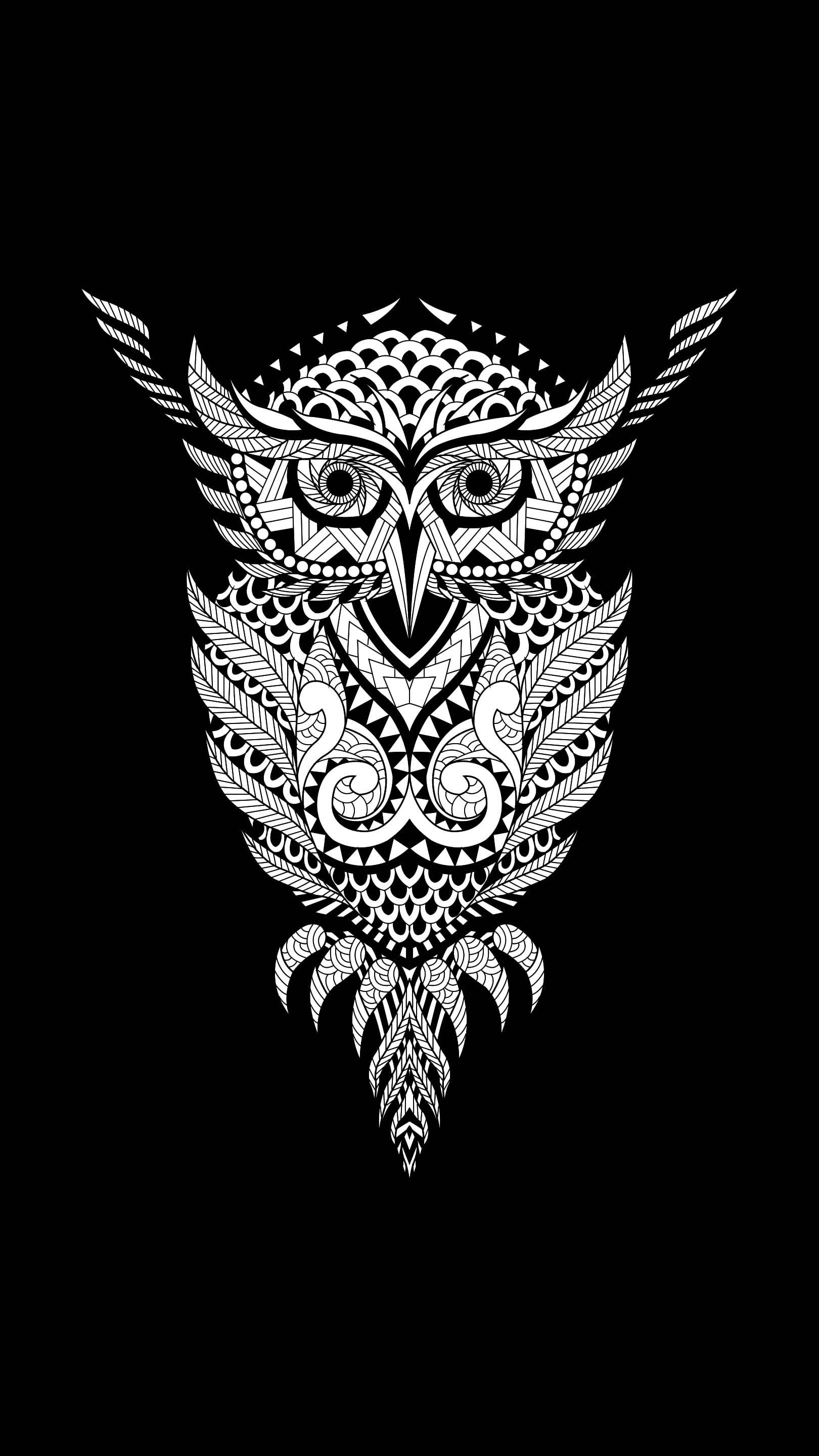 geometric owl, HD tattoo, black and white, 2K Phone Wallpaper
