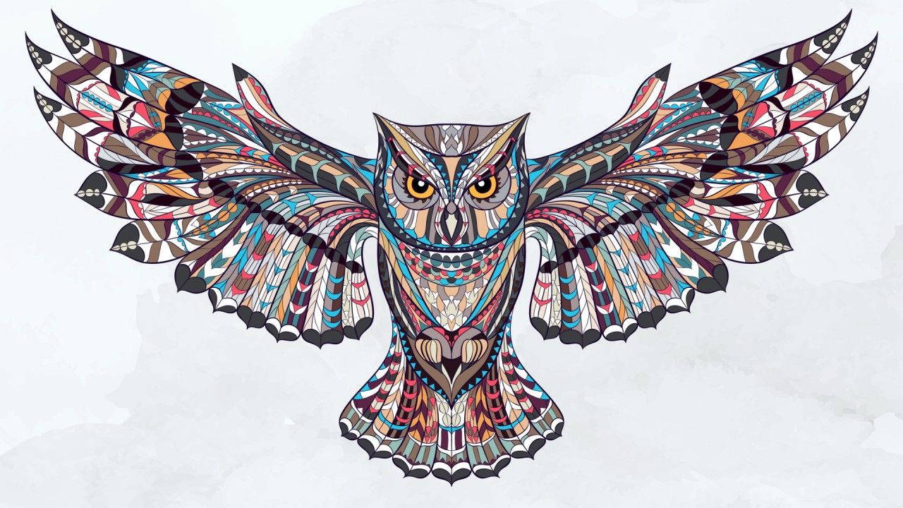 cool abstract owl, tribal designs, bold blues browns and oranges, HD Desktop Wallpaper