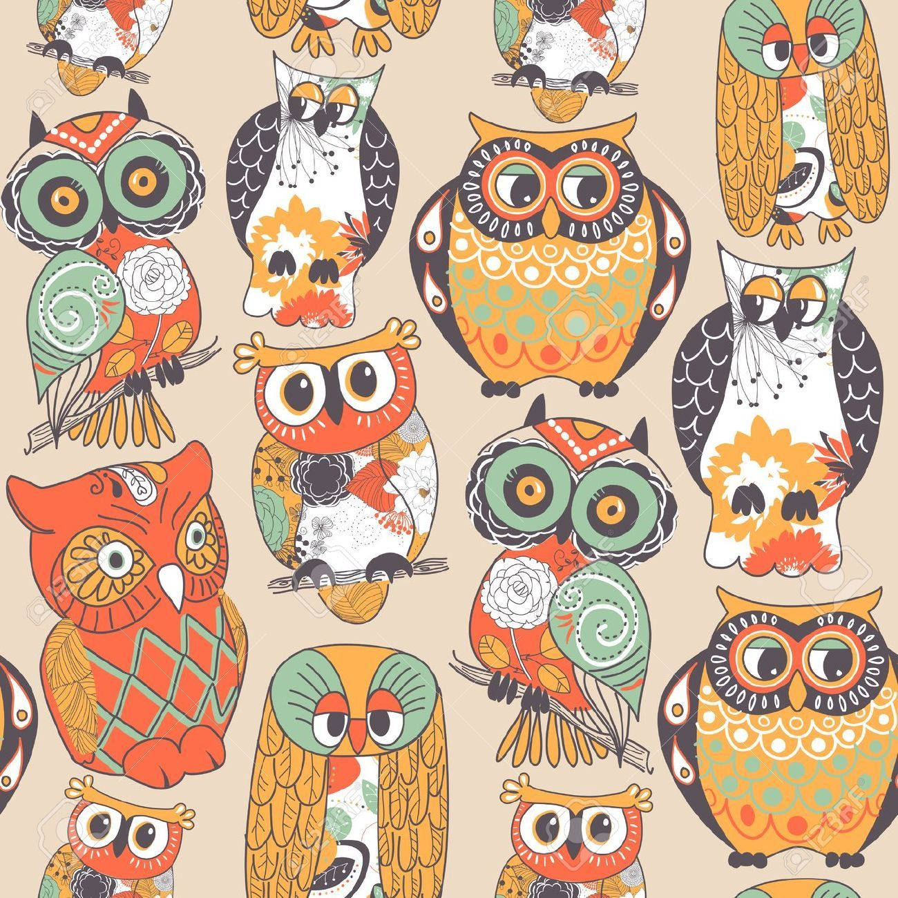 vintage cartoon owl pattern, friendly cartoon owl, floral and geometric designs, HD Desktop Wallpaper