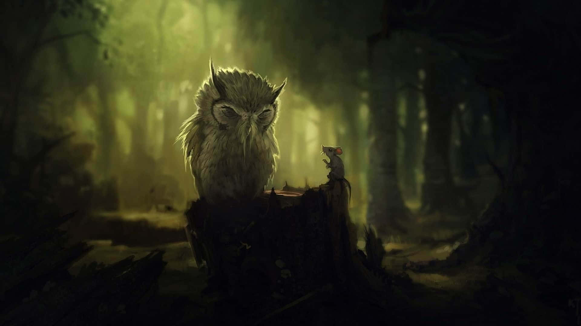 wise owl, tiny mouse, mossy stump, Full HD Desktop Wallpaper