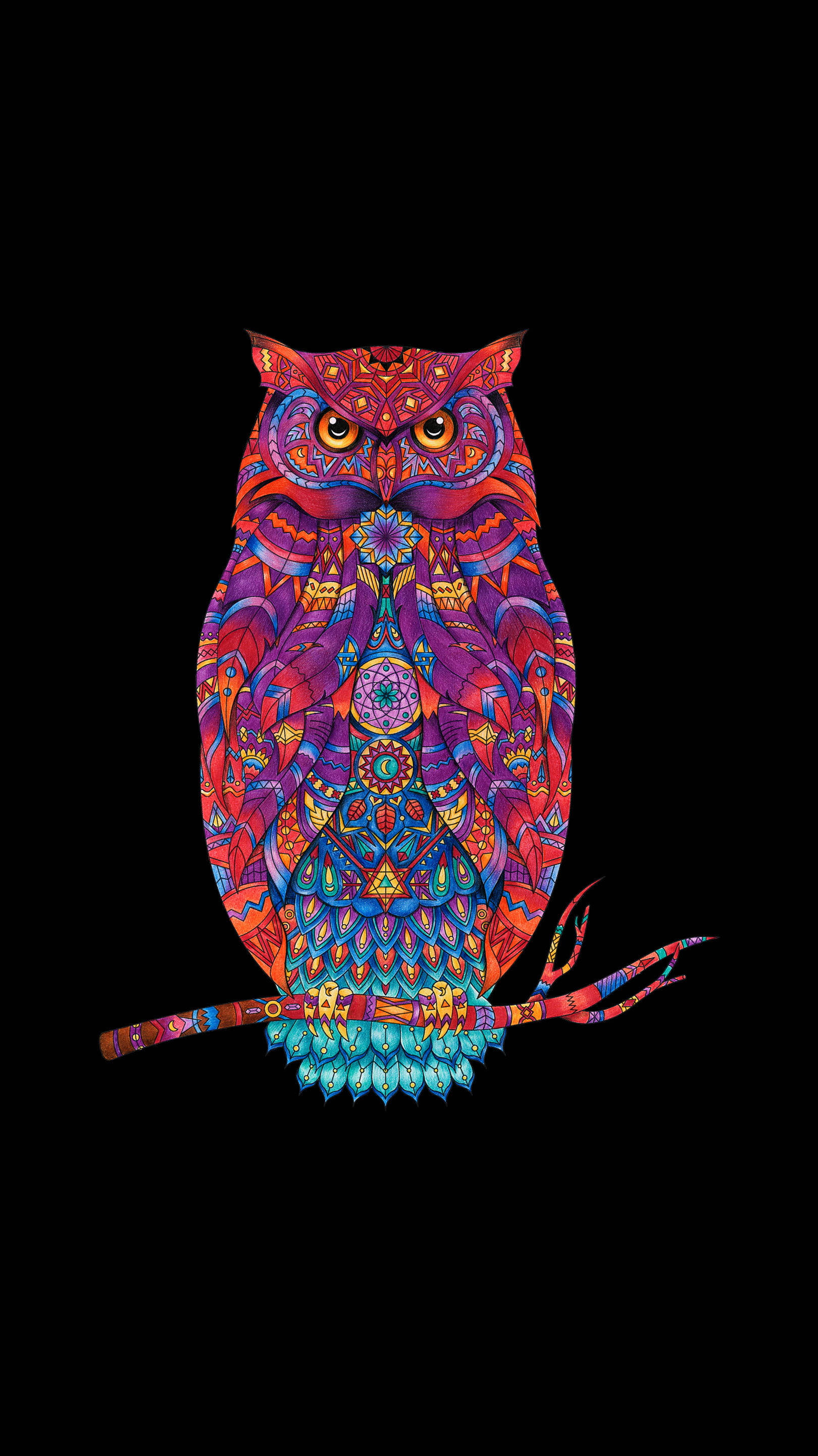 colorful owl, HD tattoo, intricate geometric patterns, 2K Phone Wallpaper