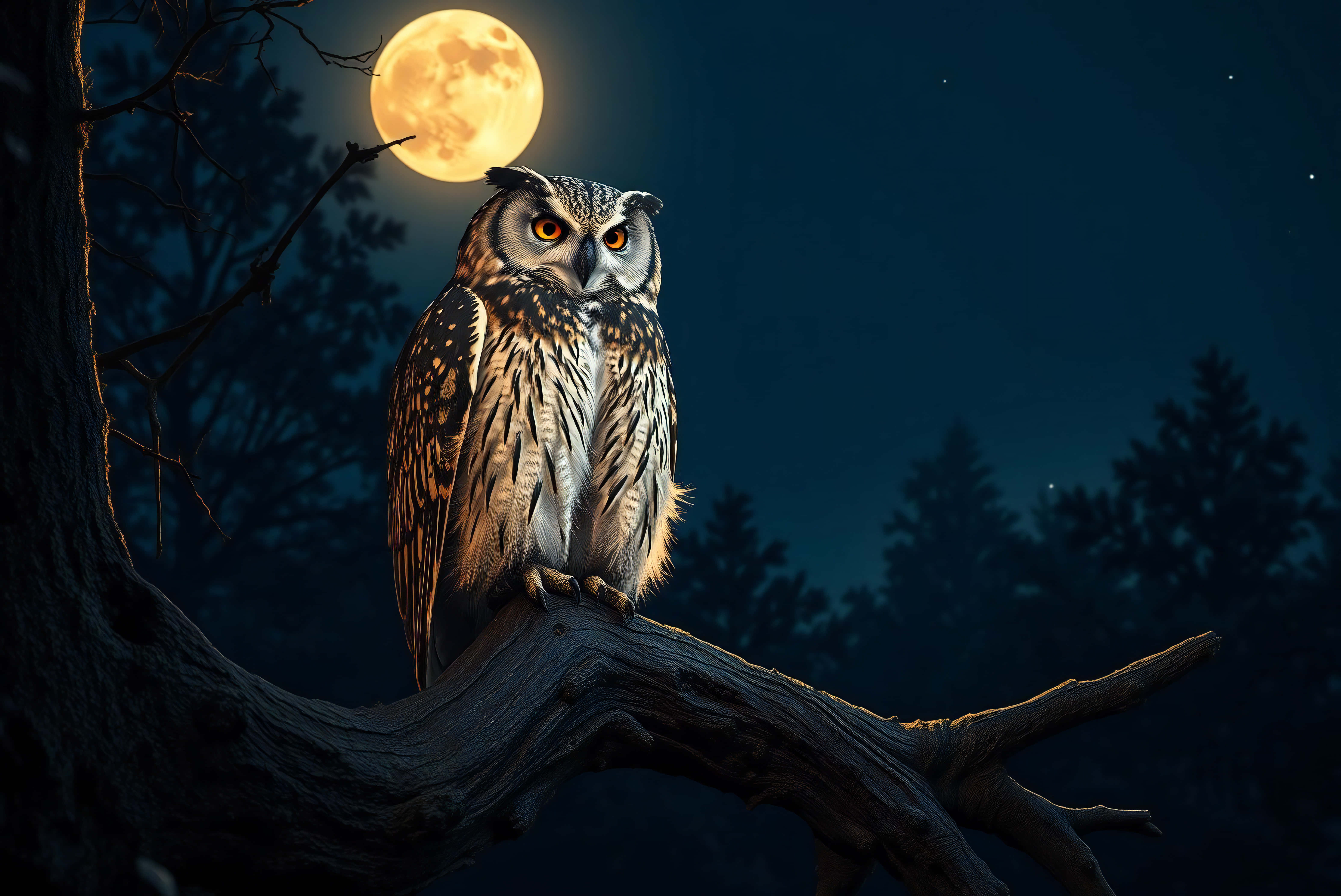 Owl, glowing orange eyes, gnarled tree branch, 5K Desktop Wallpaper