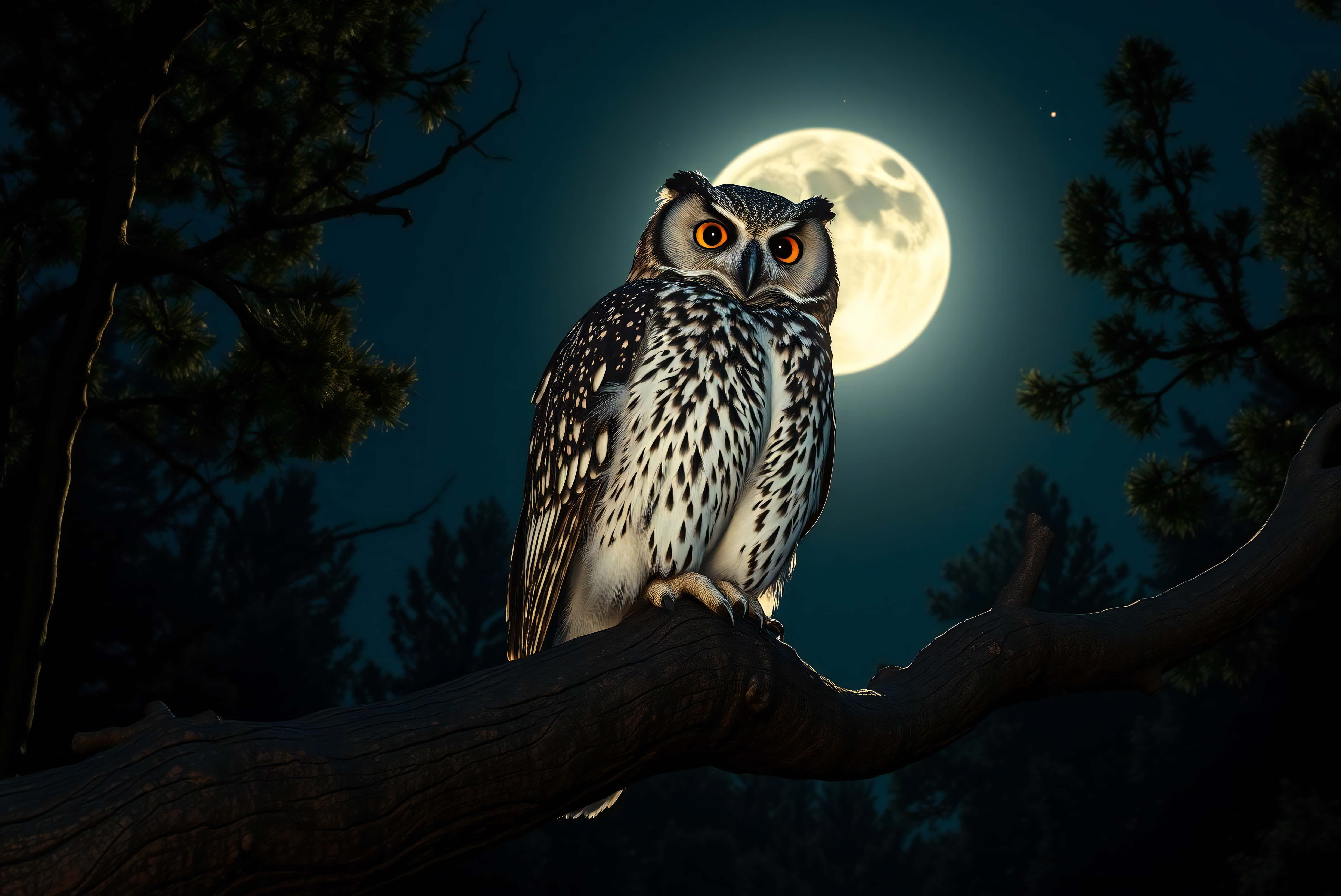 Owl, glowing orange eyes, gnarled branch, 5K Desktop Wallpaper