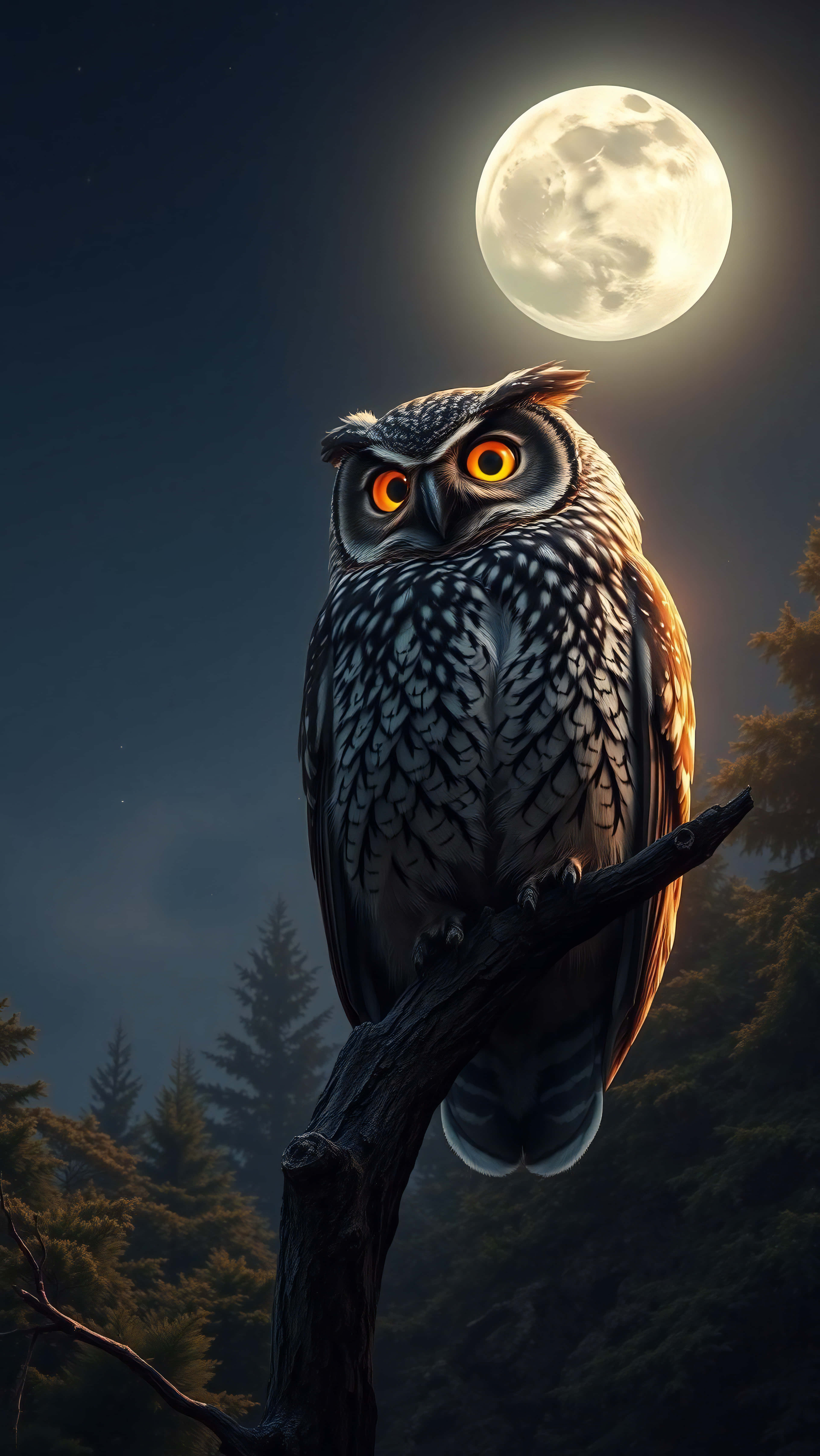 Owl, glowing orange eyes, luminous full moon, 5K Phone Wallpaper