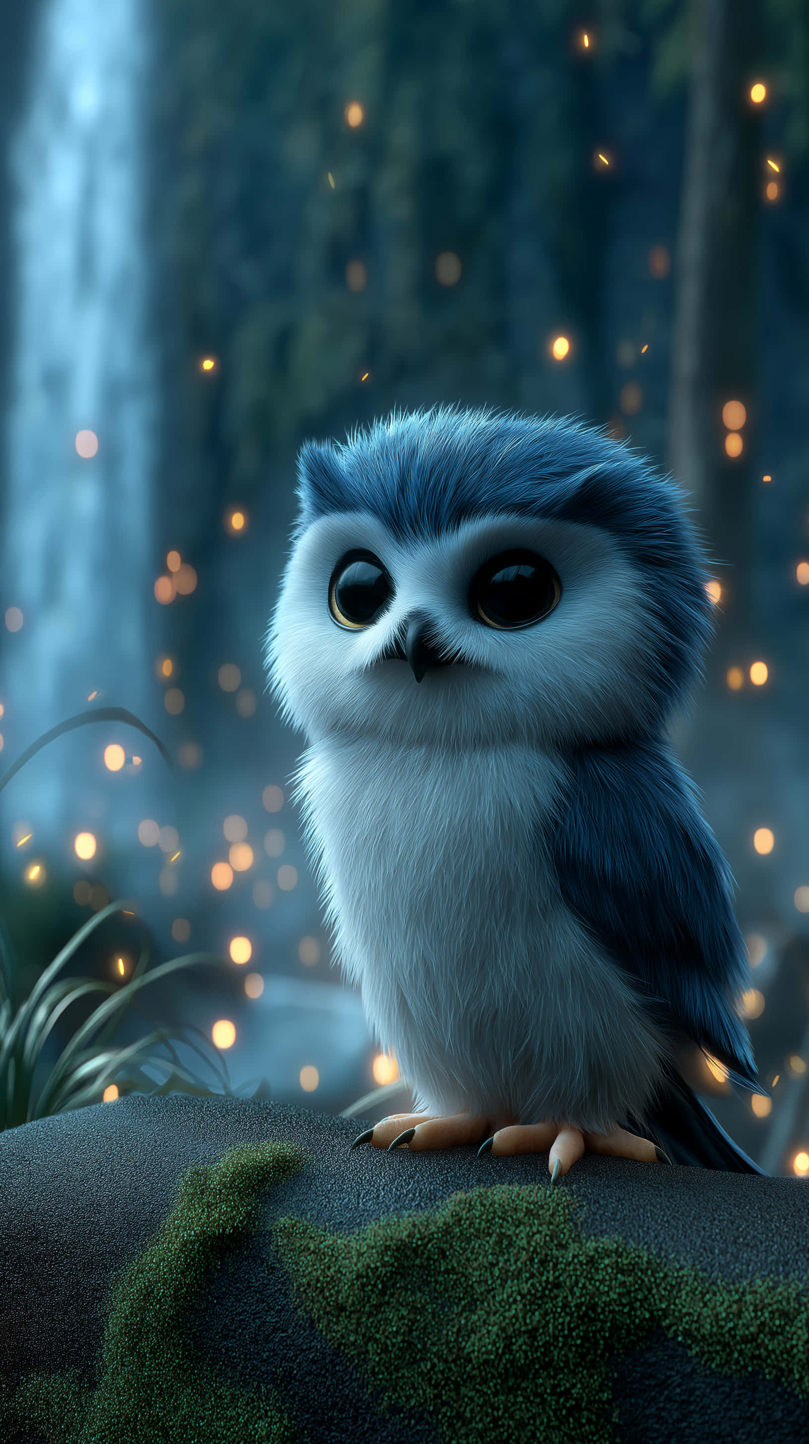 fluffy blue and white owl, mossy rock, misty forest, 2K Phone Wallpaper