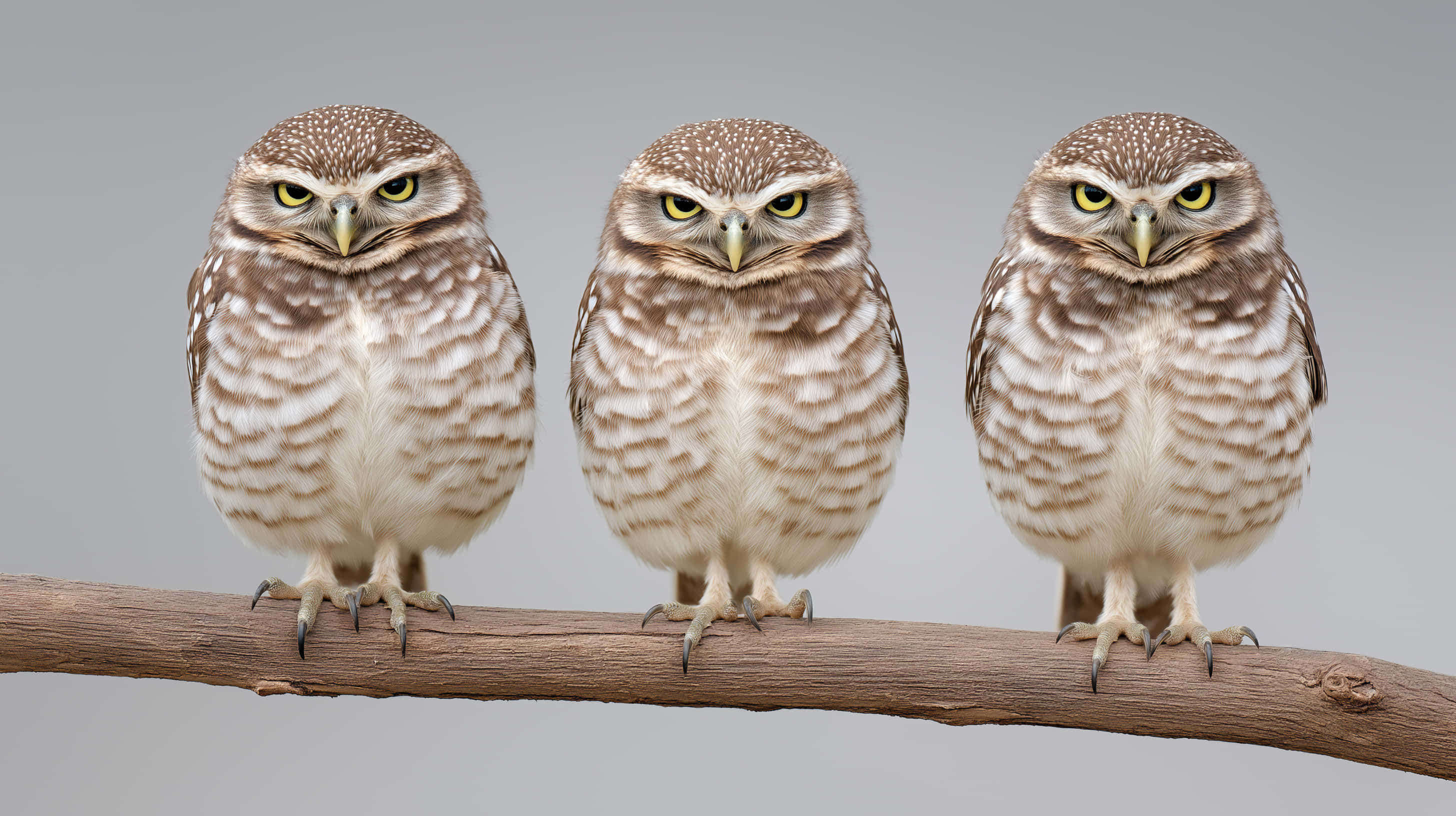 alert owl family, burrowing owls, weathered branch, 2K Desktop Wallpaper