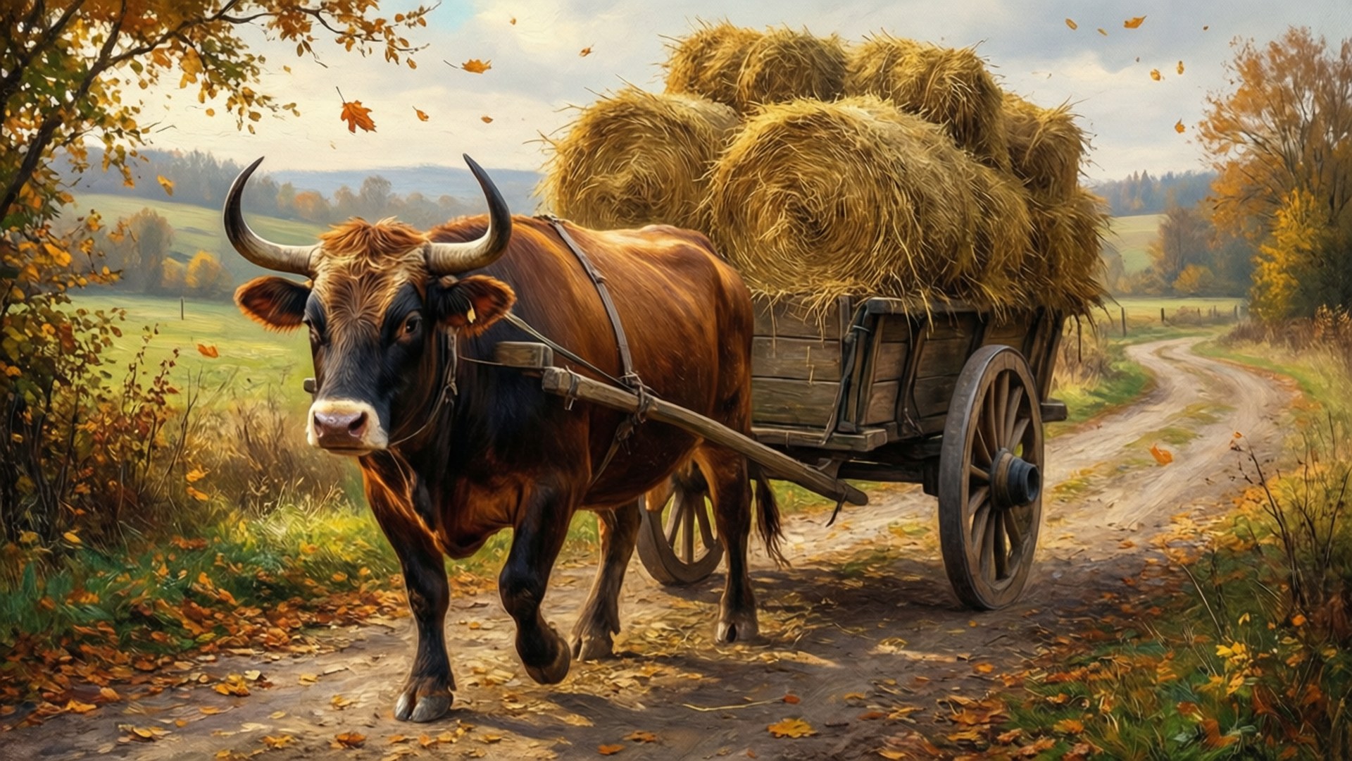 ox, wooden cart, hay, Full HD Desktop Wallpaper